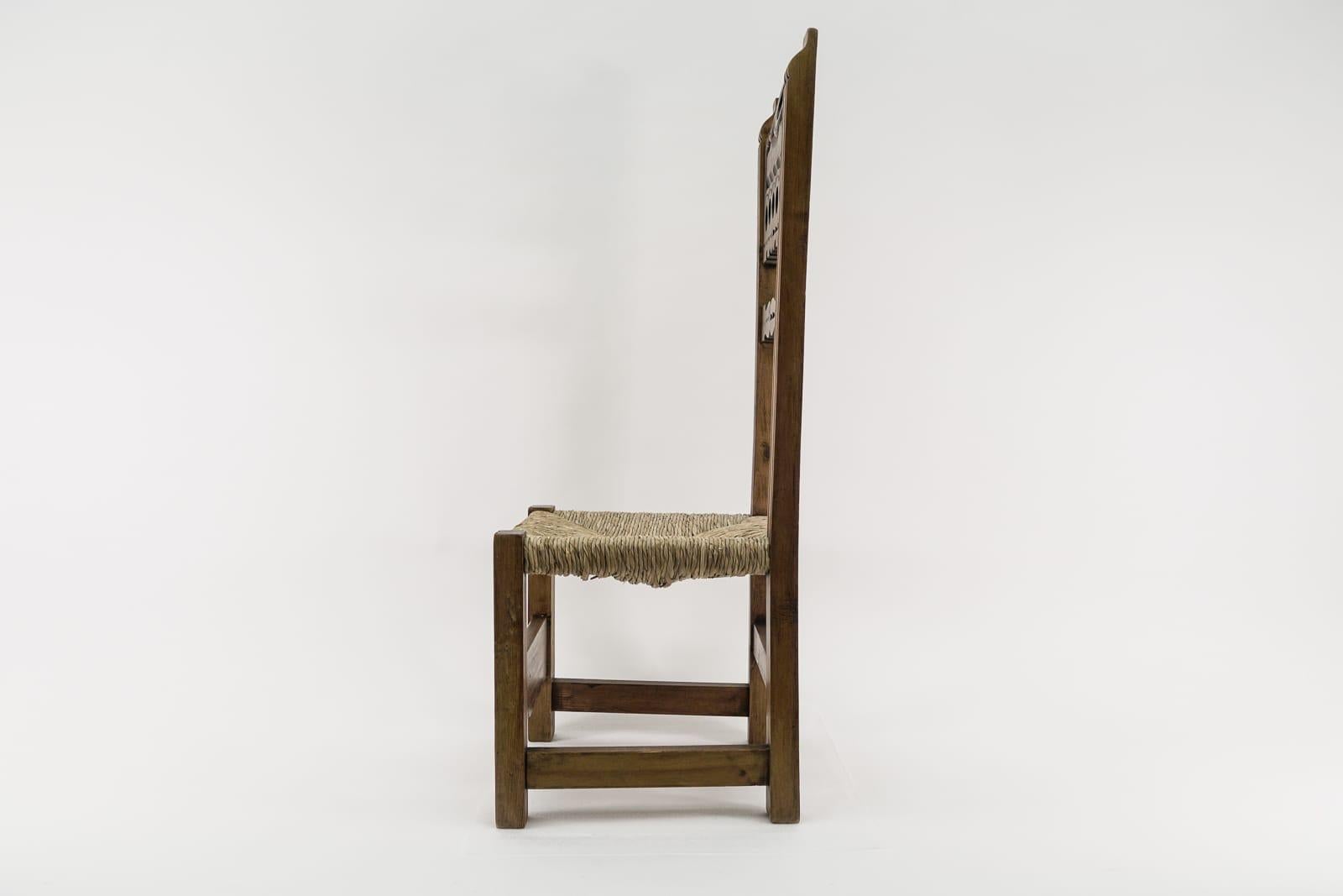 Mid-20th Century Great Hand Carved Wooden High Back Chair with Sea Grass Seat from Spain, 1960s  For Sale