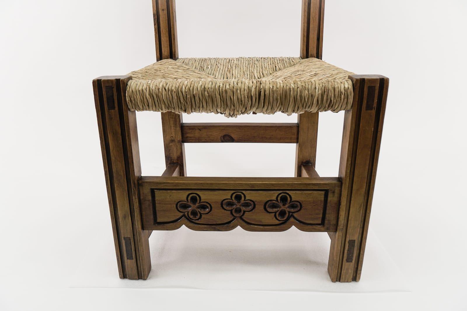 Great Hand Carved Wooden High Back Chair with Sea Grass Seat from Spain, 1960s  For Sale 1