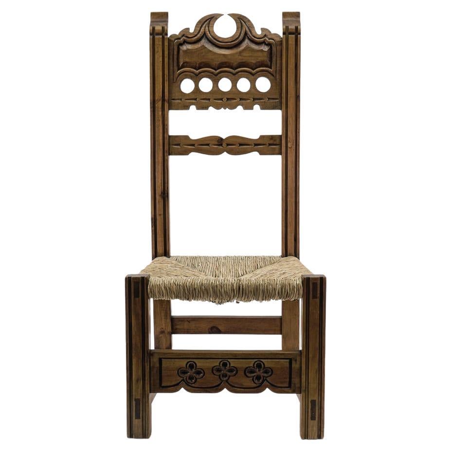 Great Hand Carved Wooden High Back Chair with Sea Grass Seat from Spain, 1960s