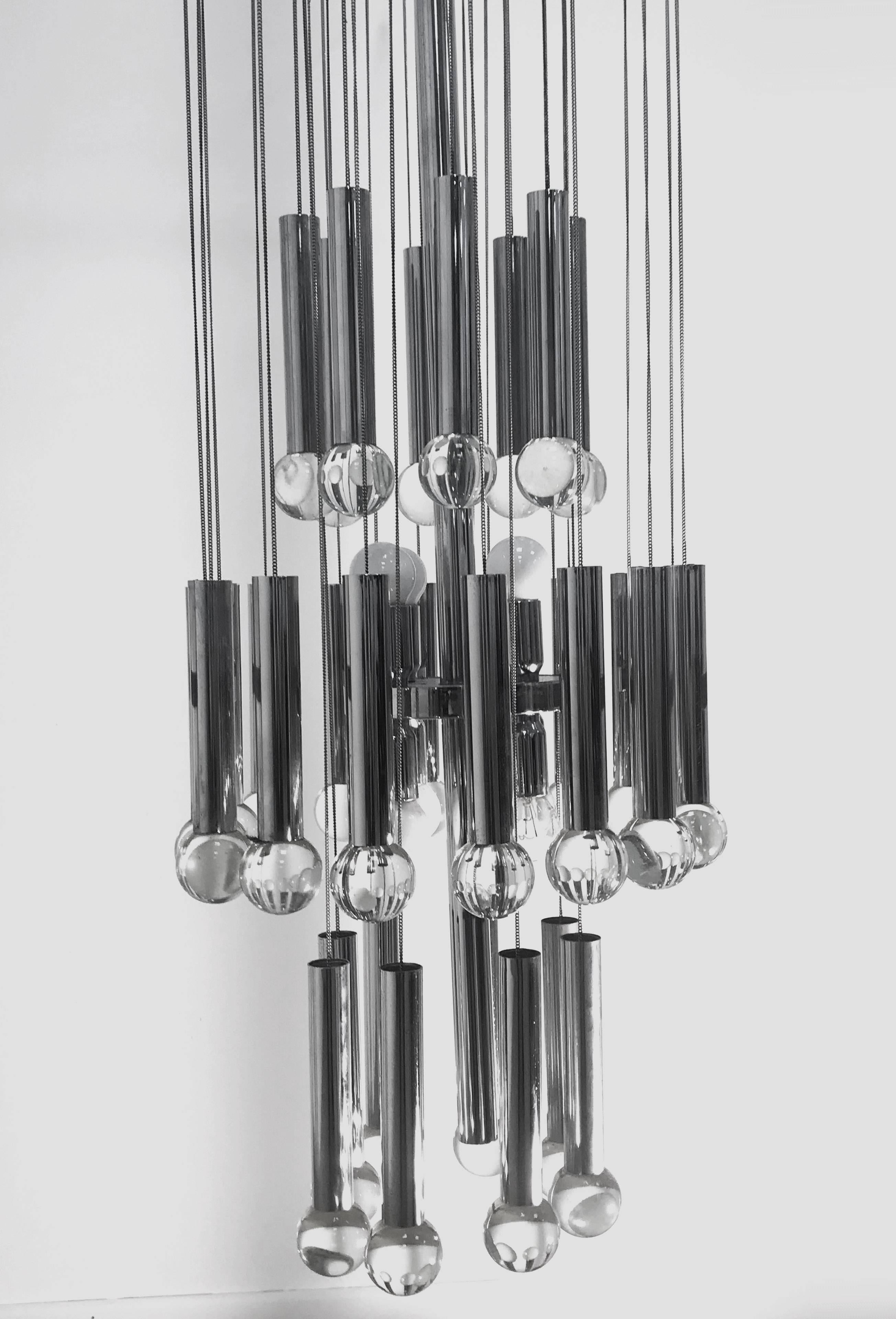 Metal Great Italian Chandelier by Gaetano Sciolari, Italy 1970s Lighting Chrome Glass For Sale