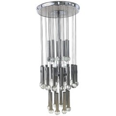 Grande lampadario italiano di Gaetano Sciolari, Italia anni '70 Illuminazione Vetro Cromo
