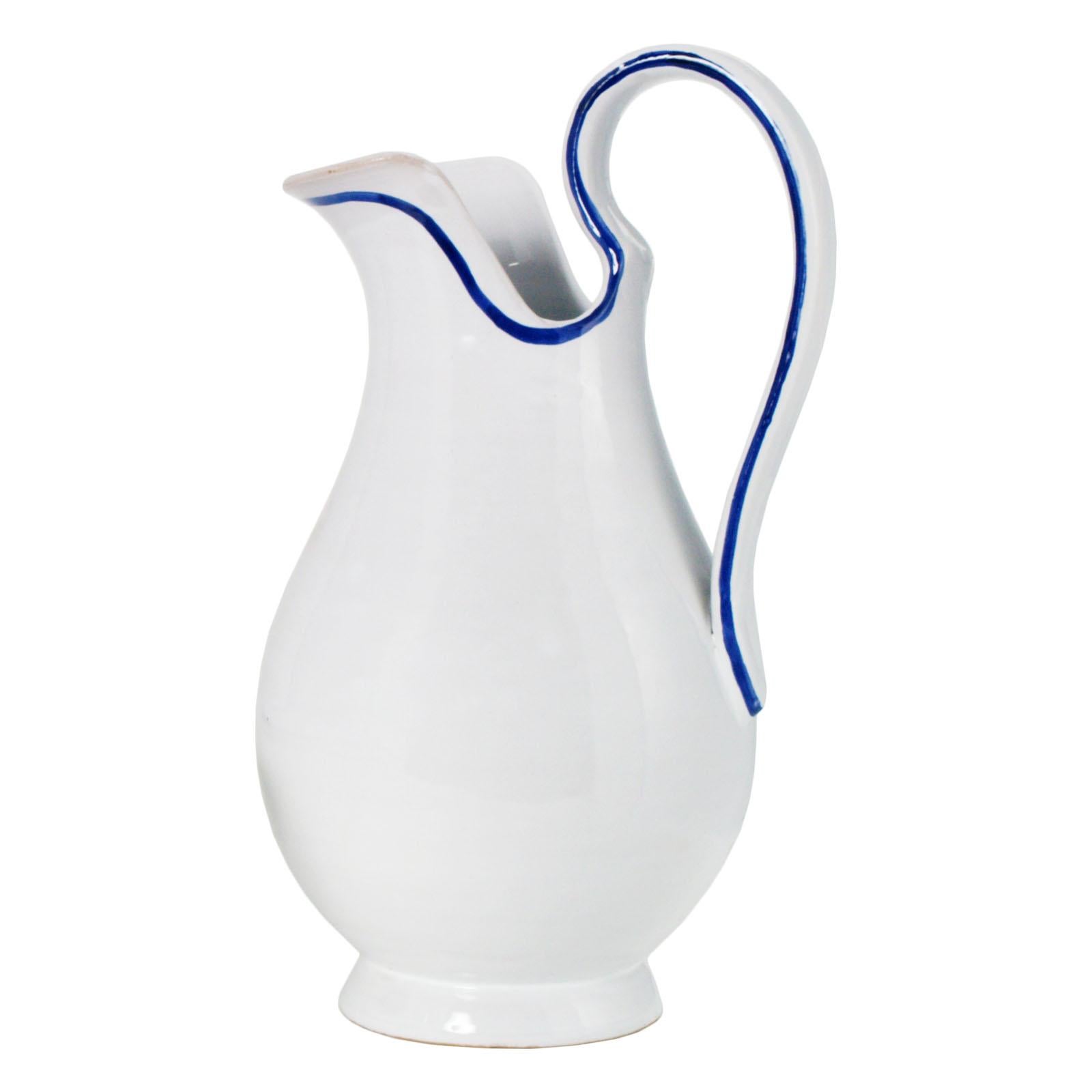 Glazed Art Deco  Italian Midcentury Ceramic White, with Blue Borders Pitcher and Basin For Sale