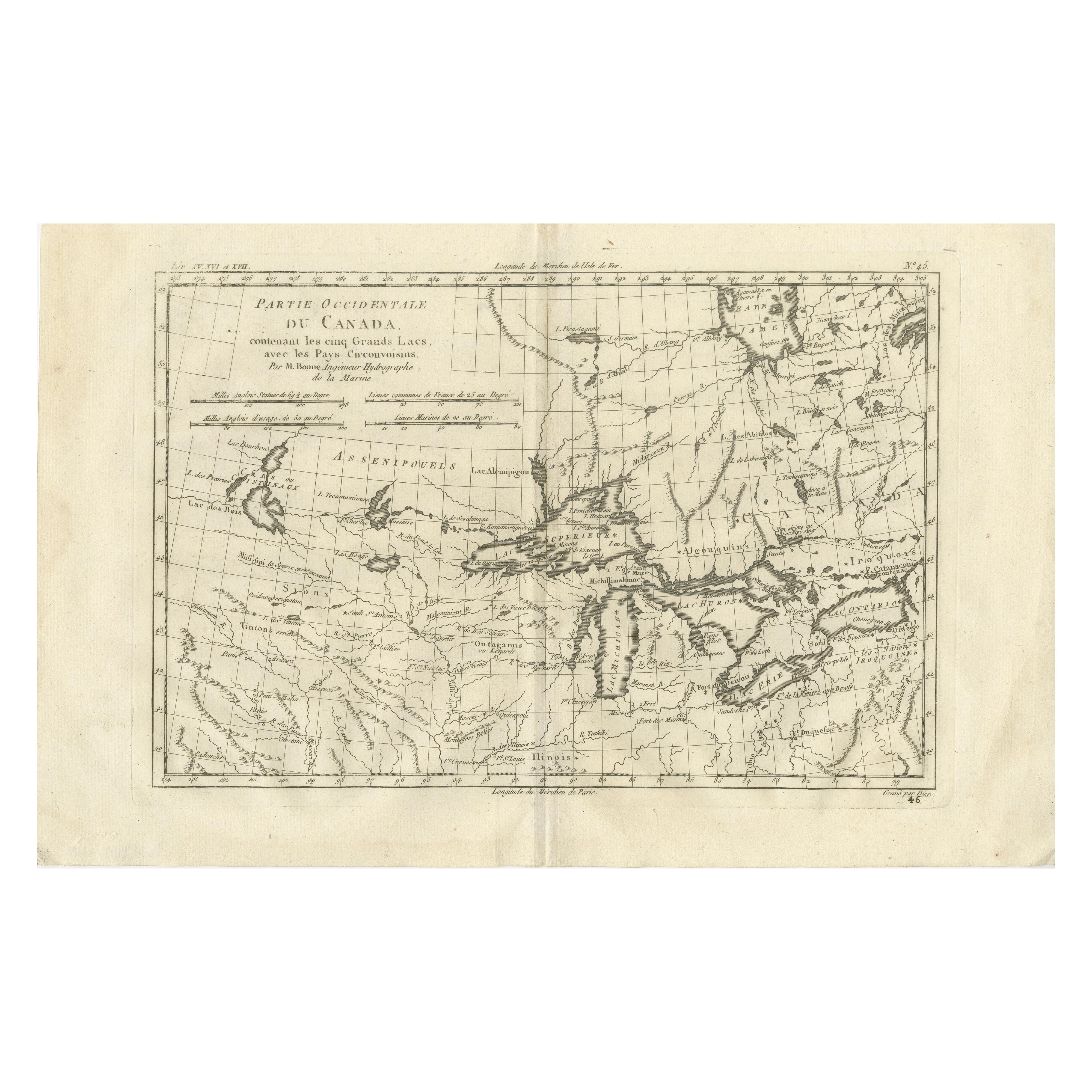 Mapa Antiguo de los Grandes Lagos - Canadá, Medio Oeste de EE.UU., Época de la Ilustración, Bonne c.1780