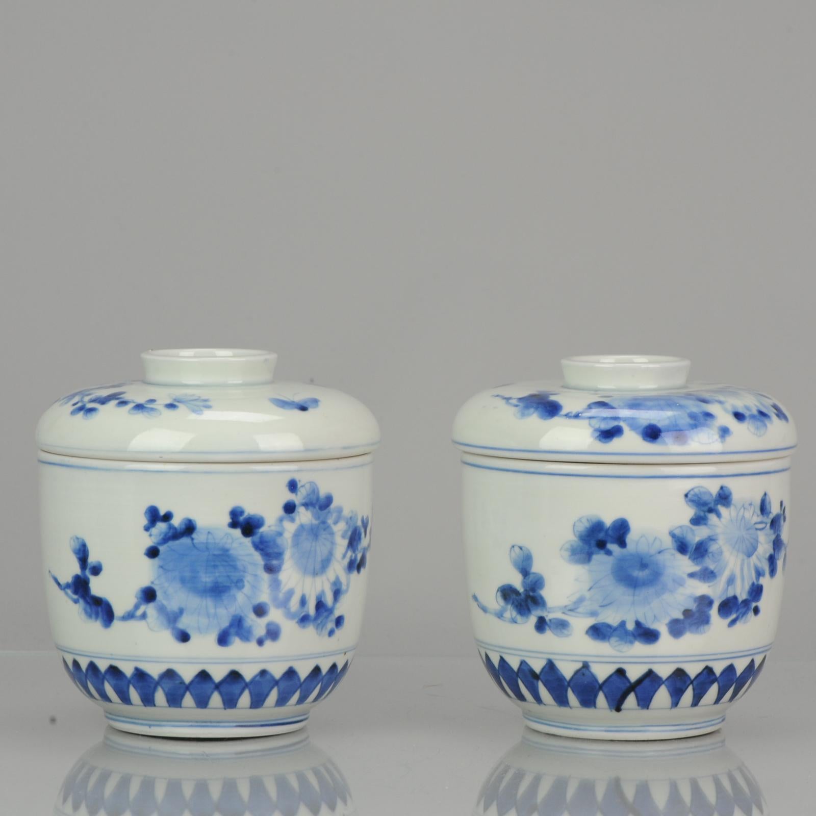Very nice pieces with underglaze blue scene of butterflies and flowers in a landscape scene.

Both with a six character mark in underglaze blue

Condition
Overall Condition Both perfect condition. Size: 125mm diameter, 140mm high.