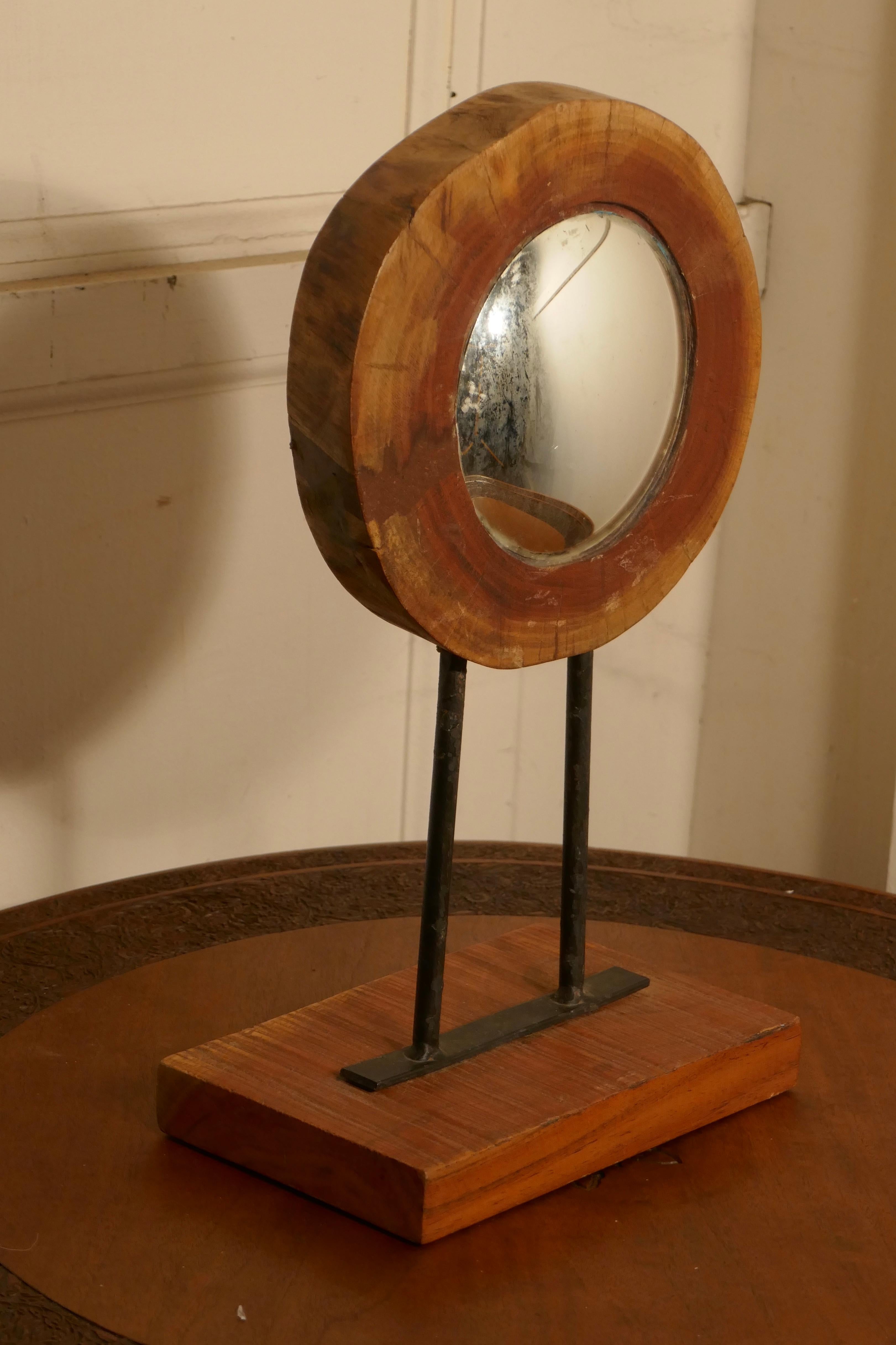 20th Century Great Little Natural Yew Wood Folk Art Convex Mirror  For Sale