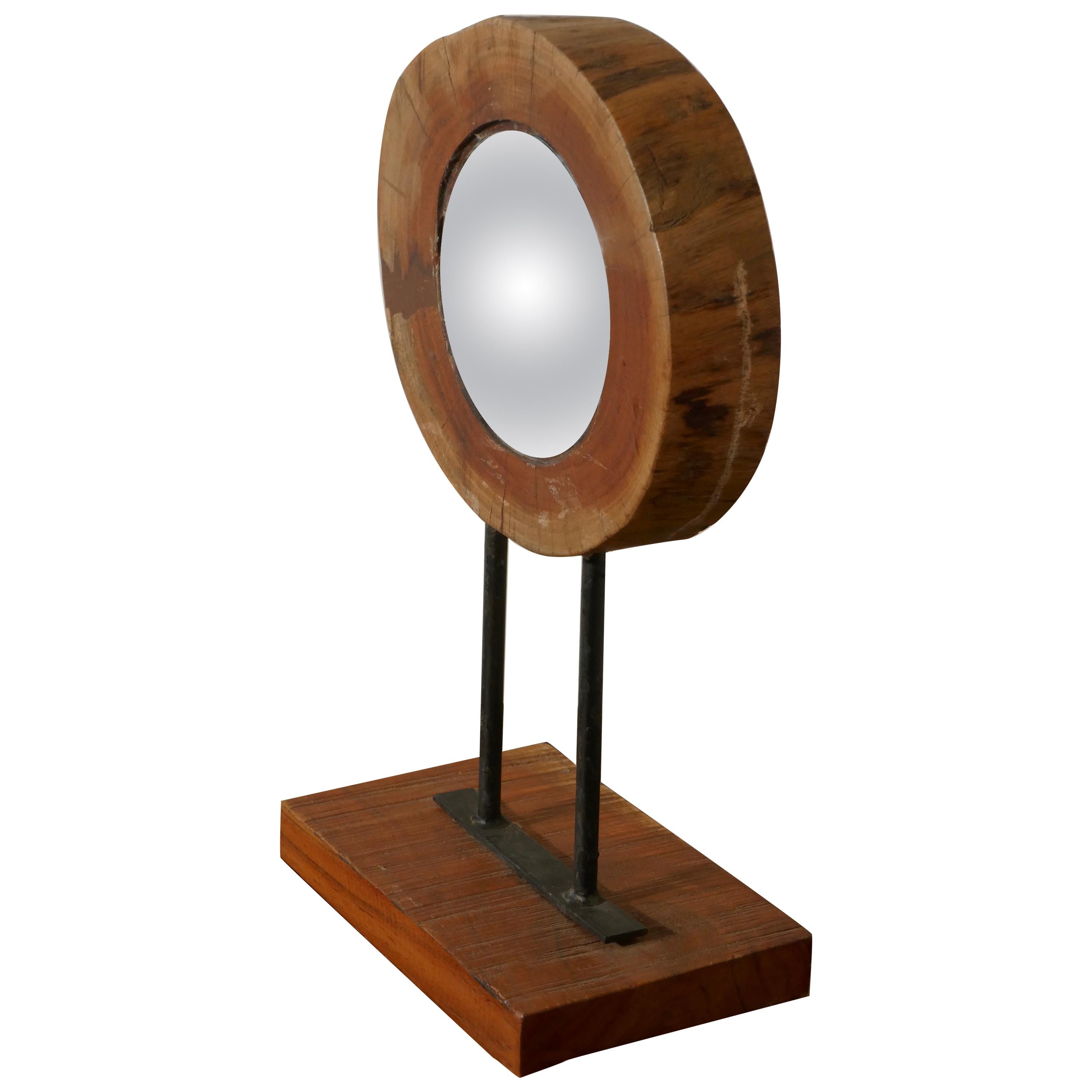 Great Little Natural Yew Wood Folk Art Convex Mirror  For Sale