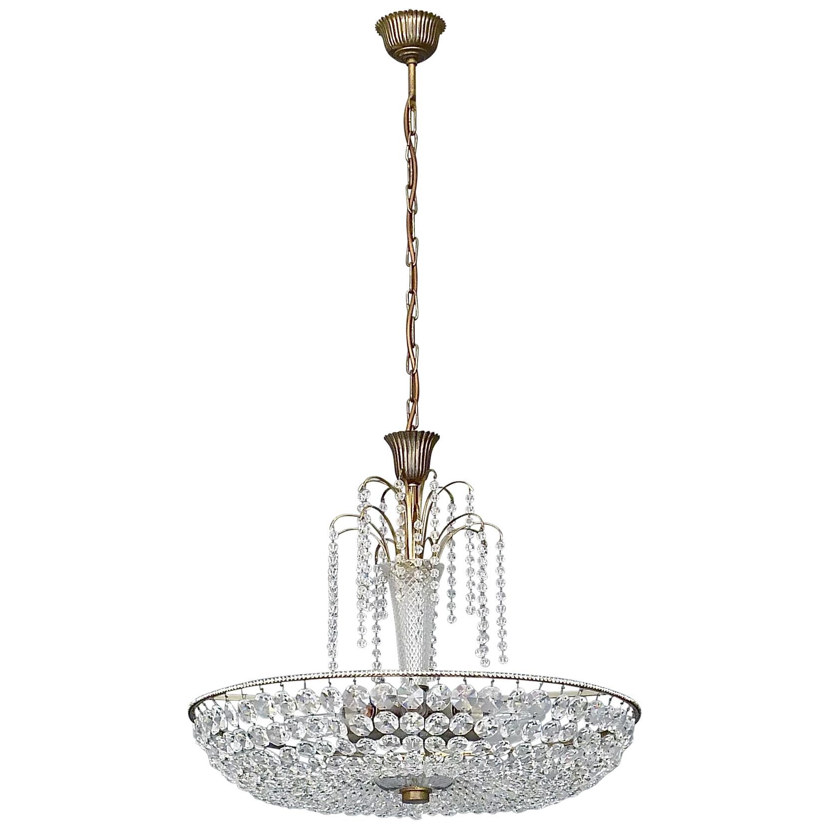 Great Lobmeyr Cascading Waterfall Chandelier Faceted Crystal Glass Brass, 1955   For Sale