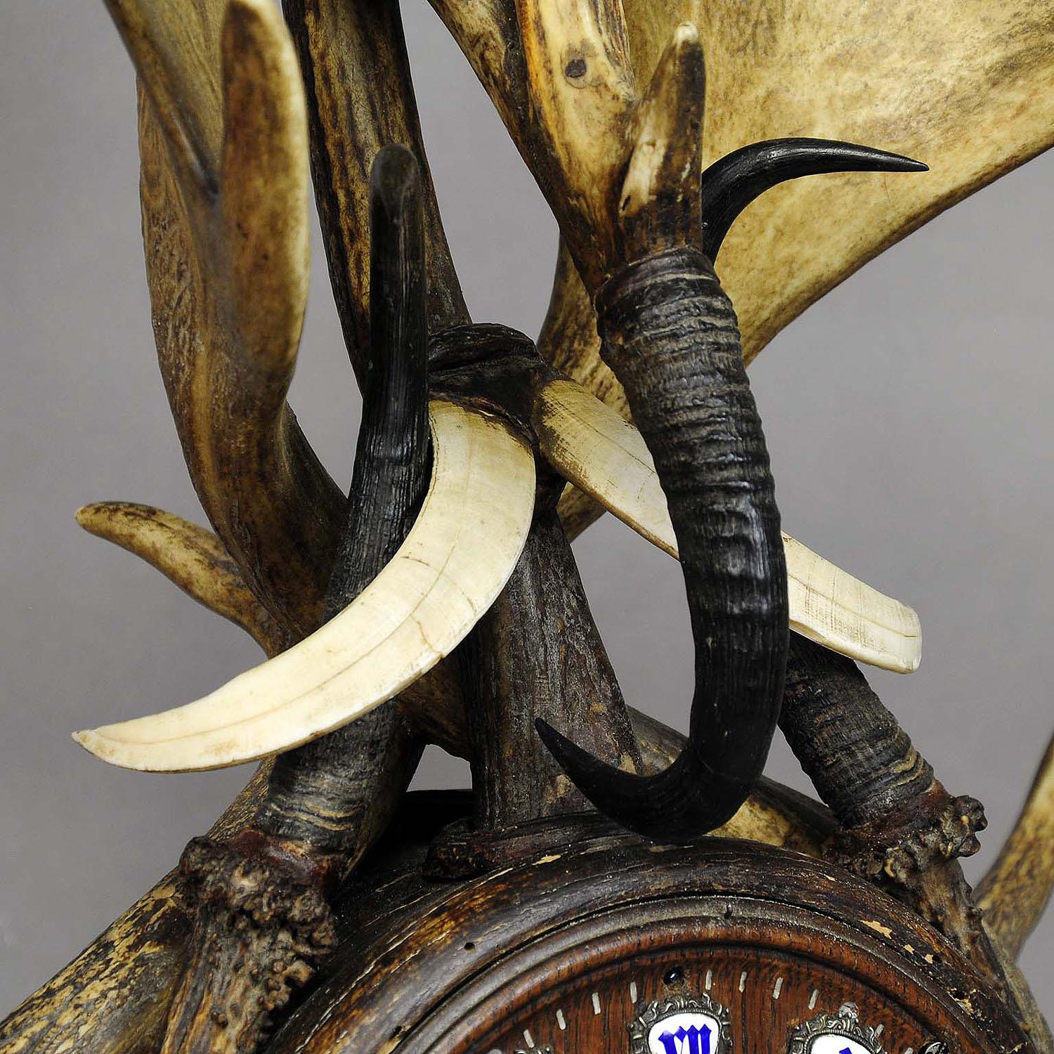 German Great Lodge Style Antler Mantel Clock 1900 For Sale