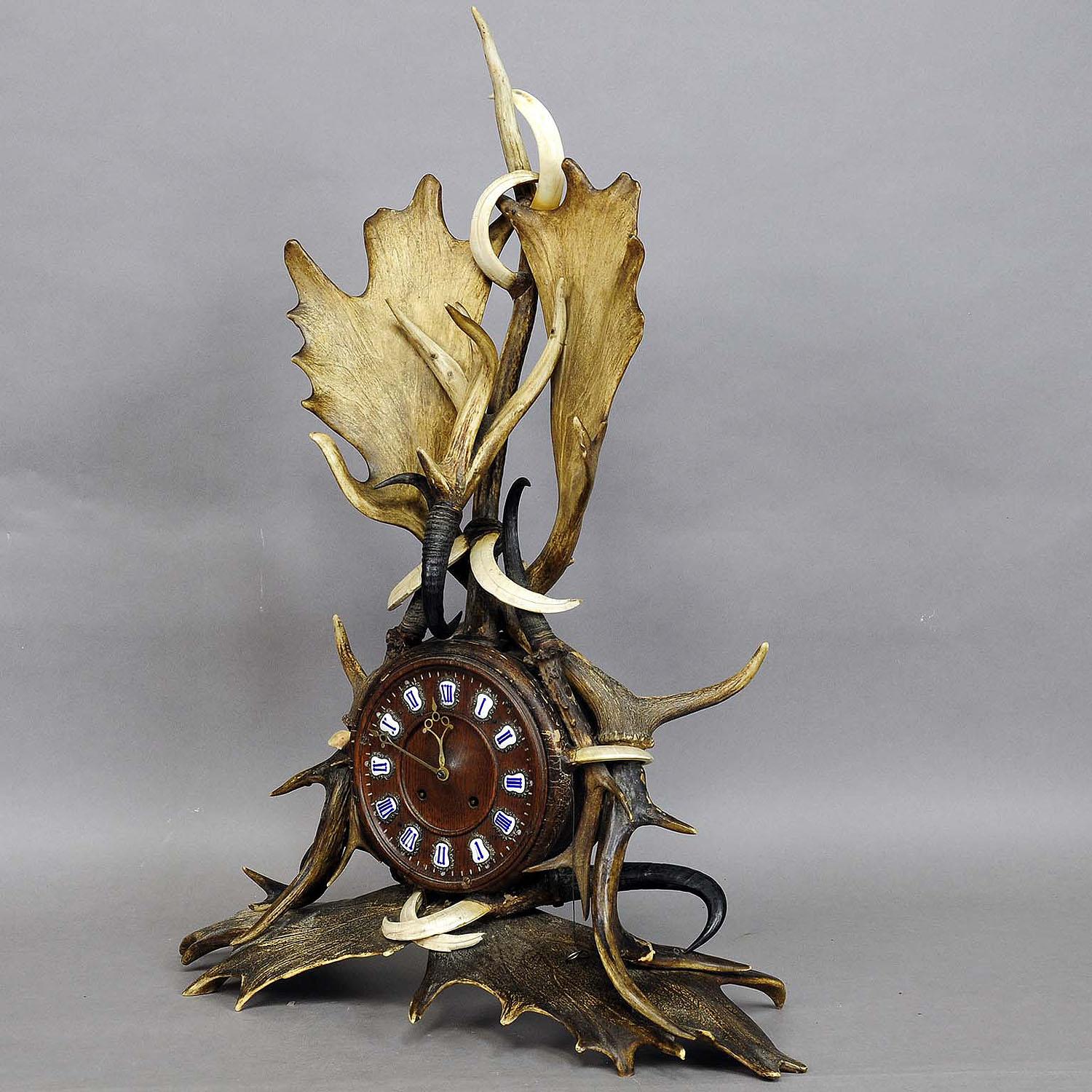 Carved Great Lodge Style Antler Mantel Clock 1900 For Sale