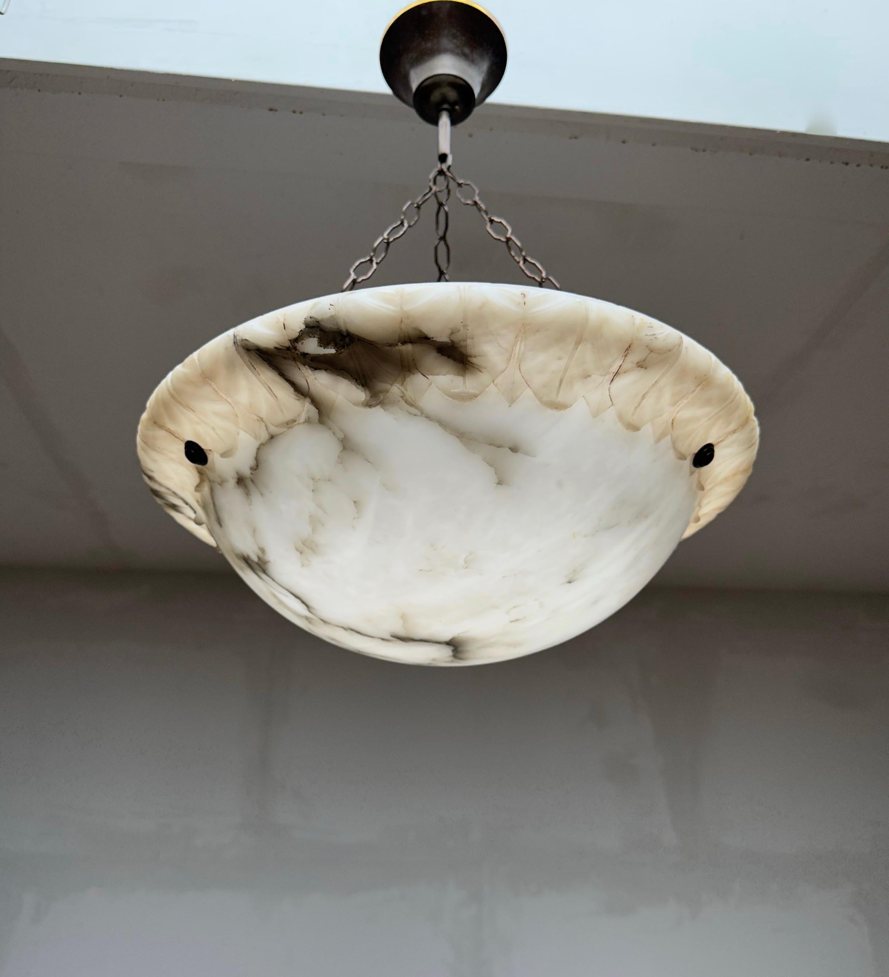 Great Looking Antique and Mint Condition White & Black Alabaster Pendant Light In Excellent Condition In Lisse, NL