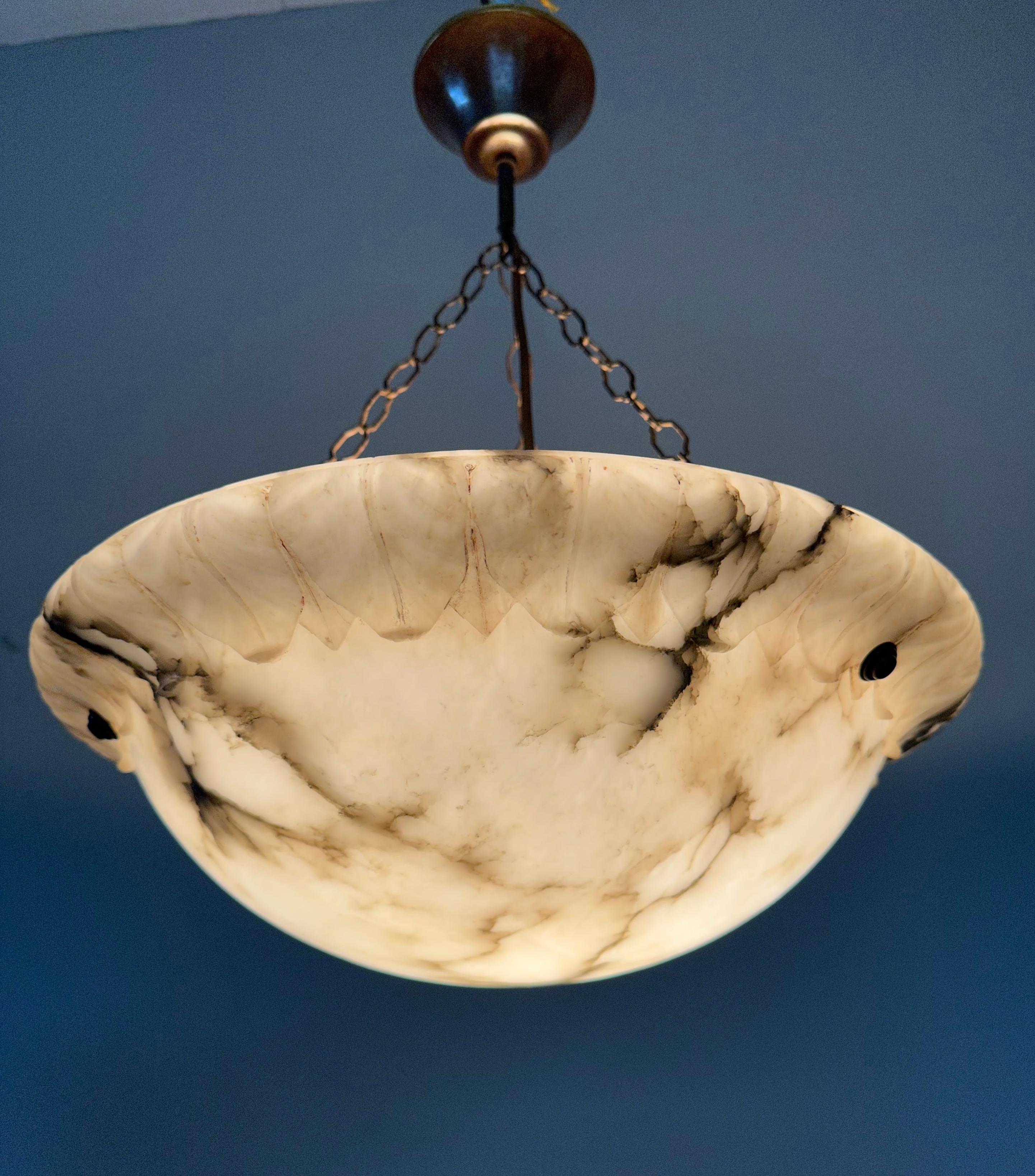 Brass Great Looking Antique and Mint Condition White & Black Alabaster Pendant Light