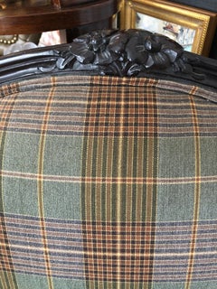 Great Looking Carved Mahogany and Plaid Upholstered Club Chair