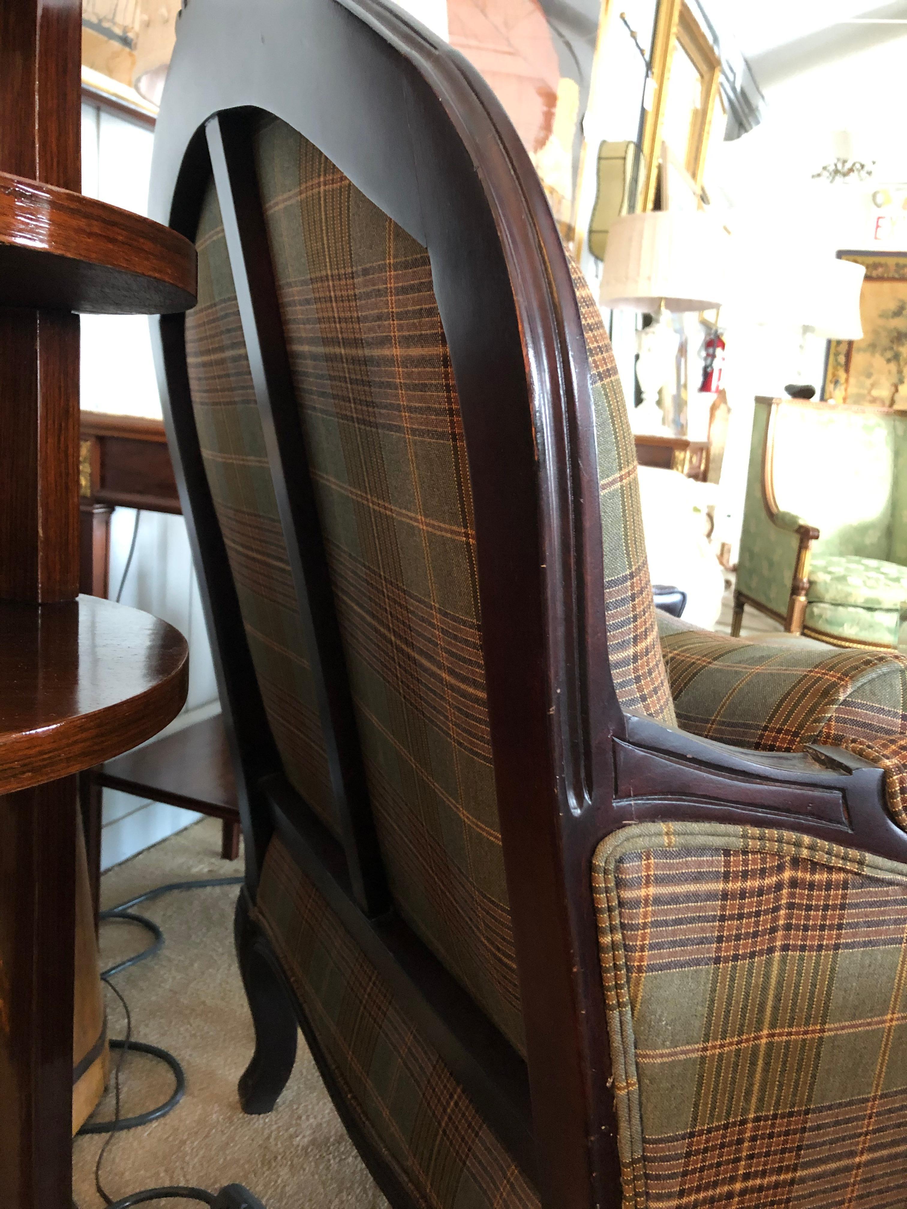 Contemporary Great Looking Carved Mahogany and Plaid Upholstered Club Chair