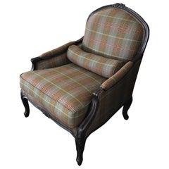 Great Looking Carved Mahogany and Plaid Upholstered Club Chair