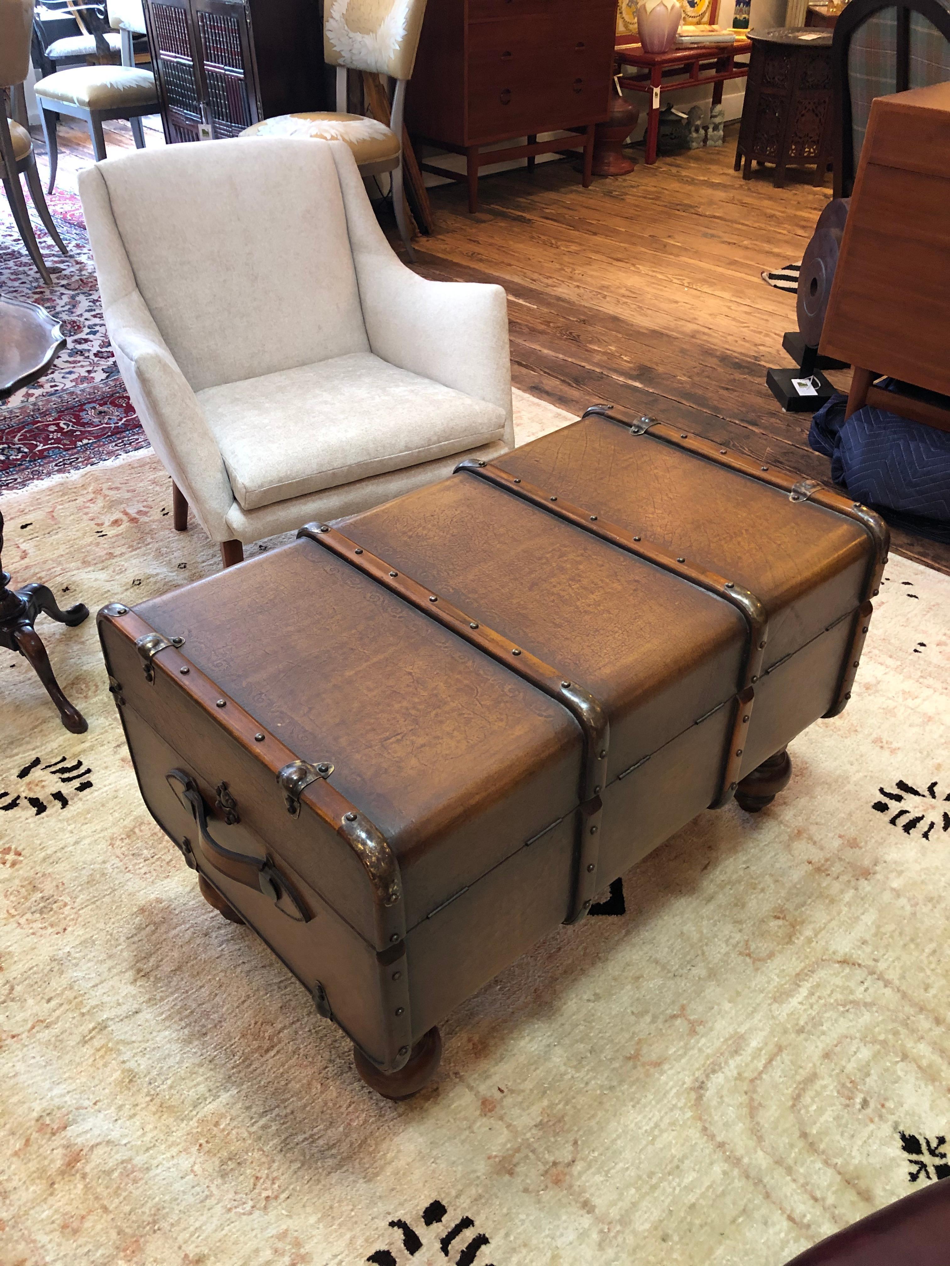 Great Looking Embossed Leather and Mahogany Trunk Style Coffee Table 6