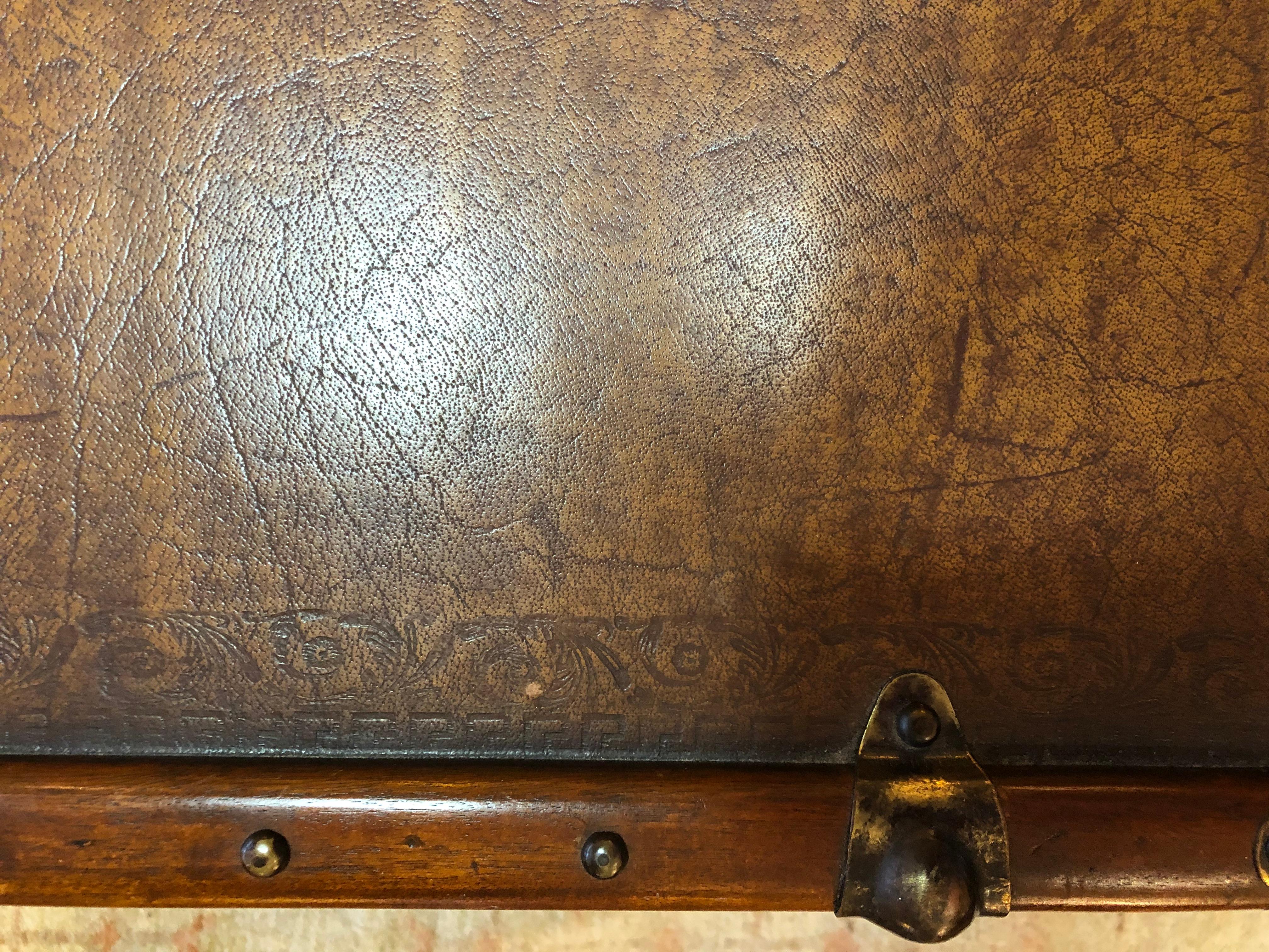 Great Looking Embossed Leather and Mahogany Trunk Style Coffee Table 8