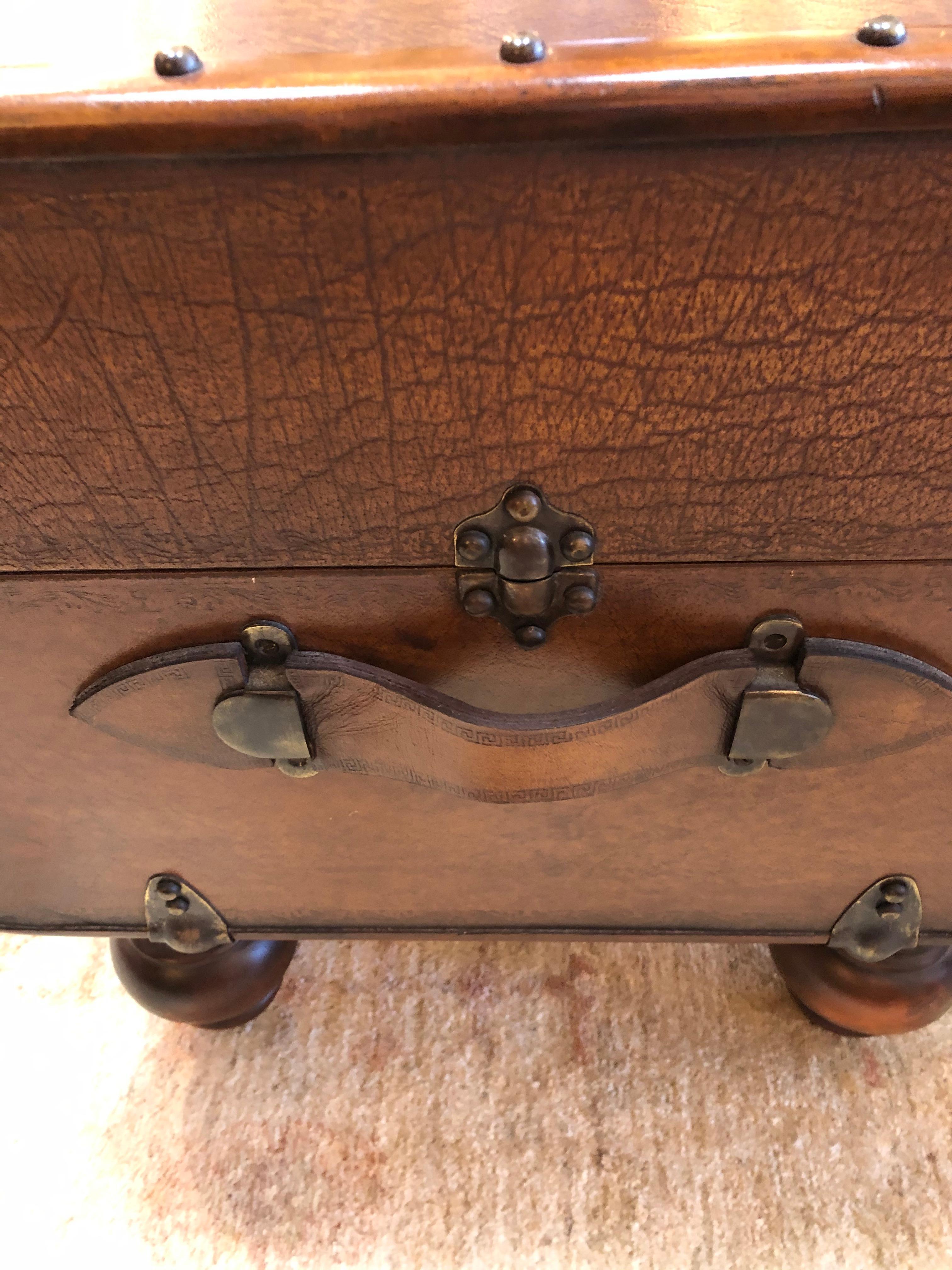 Campaign Great Looking Embossed Leather and Mahogany Trunk Style Coffee Table
