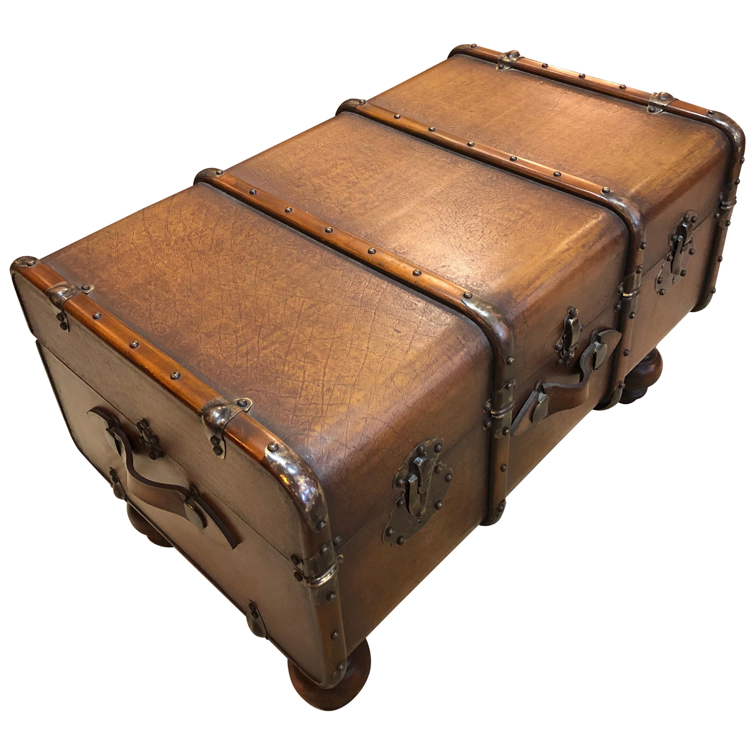 Great Looking Embossed Leather and Mahogany Trunk Style Coffee Table