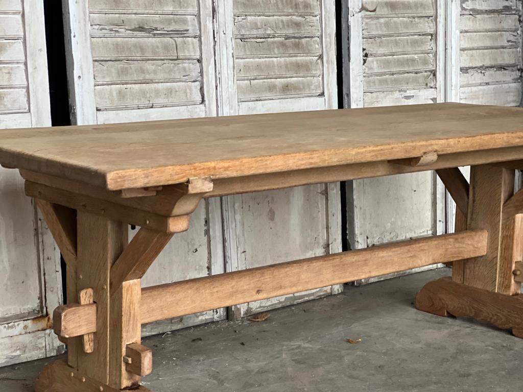 This Farmhouse table has a great look to it, French in origin dating to the early 1900s. Made from solid Oak which we have bleached for a lighter look and feel. Excellent quality construction this table table will be around for generations to come.
