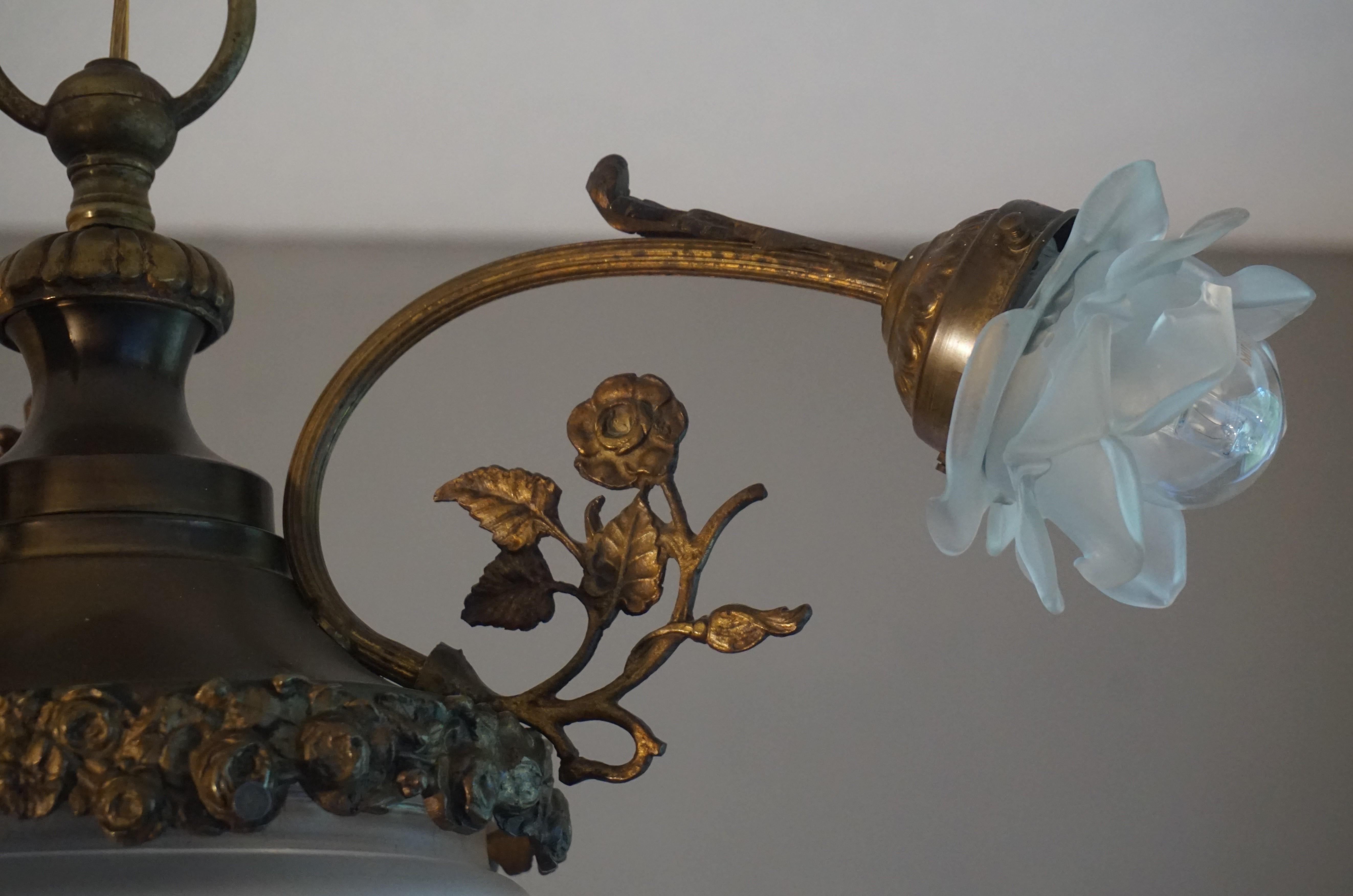 Great Looking Handcrafted Antique Bronze Brass & Cut Glass Chandelier circa 1910 4
