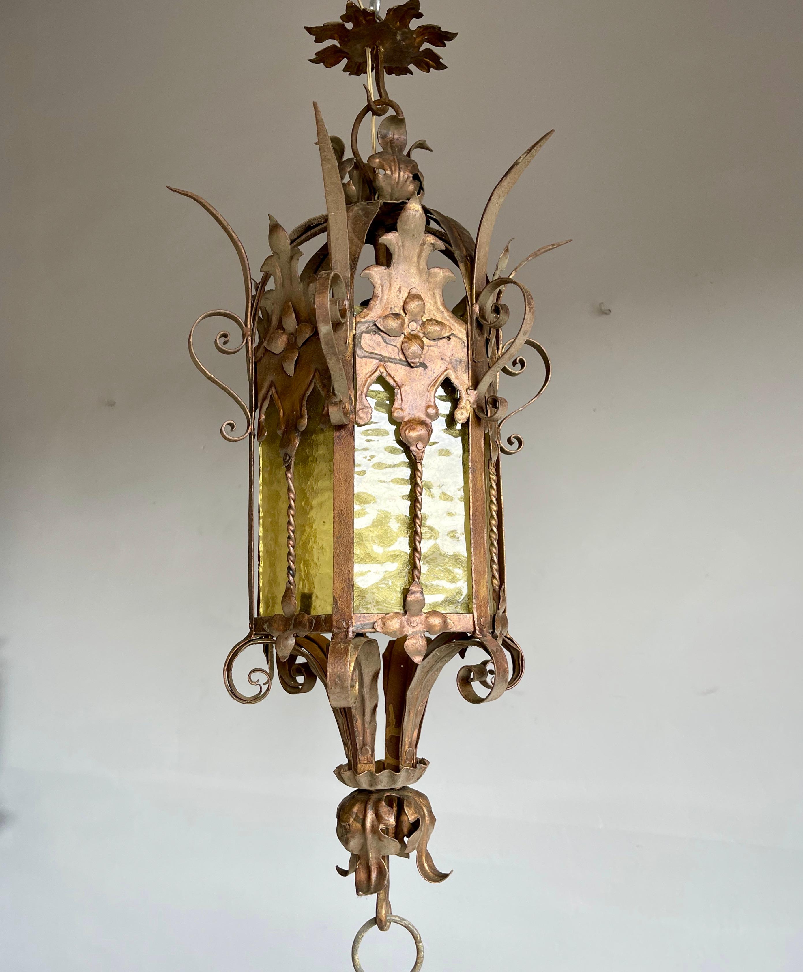 Large Gothic Revival Medieval Wrought Iron & Cathedral Glass Pendant / Lantern For Sale 7