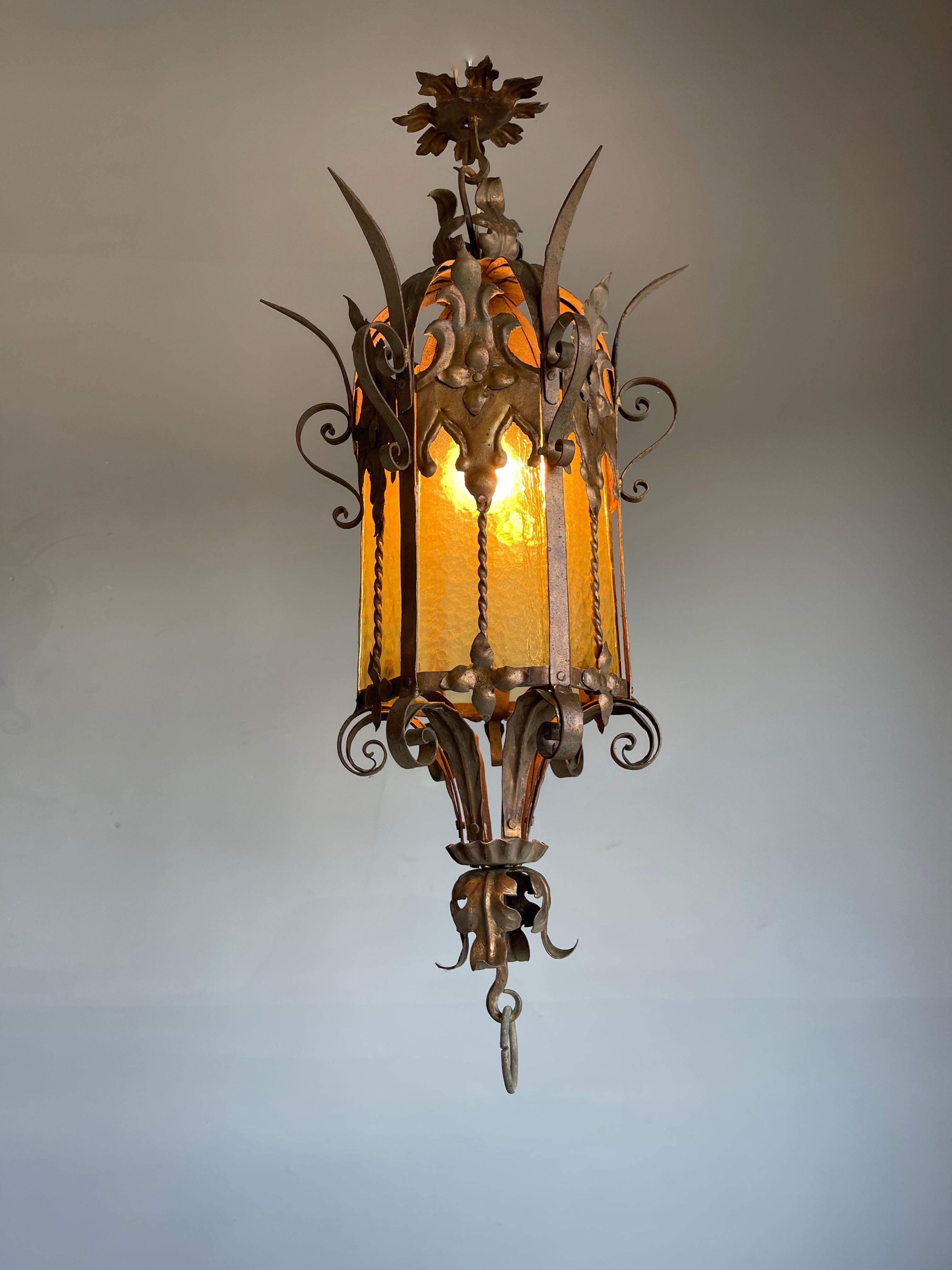 Large Gothic Revival Medieval Wrought Iron & Cathedral Glass Pendant / Lantern For Sale 9