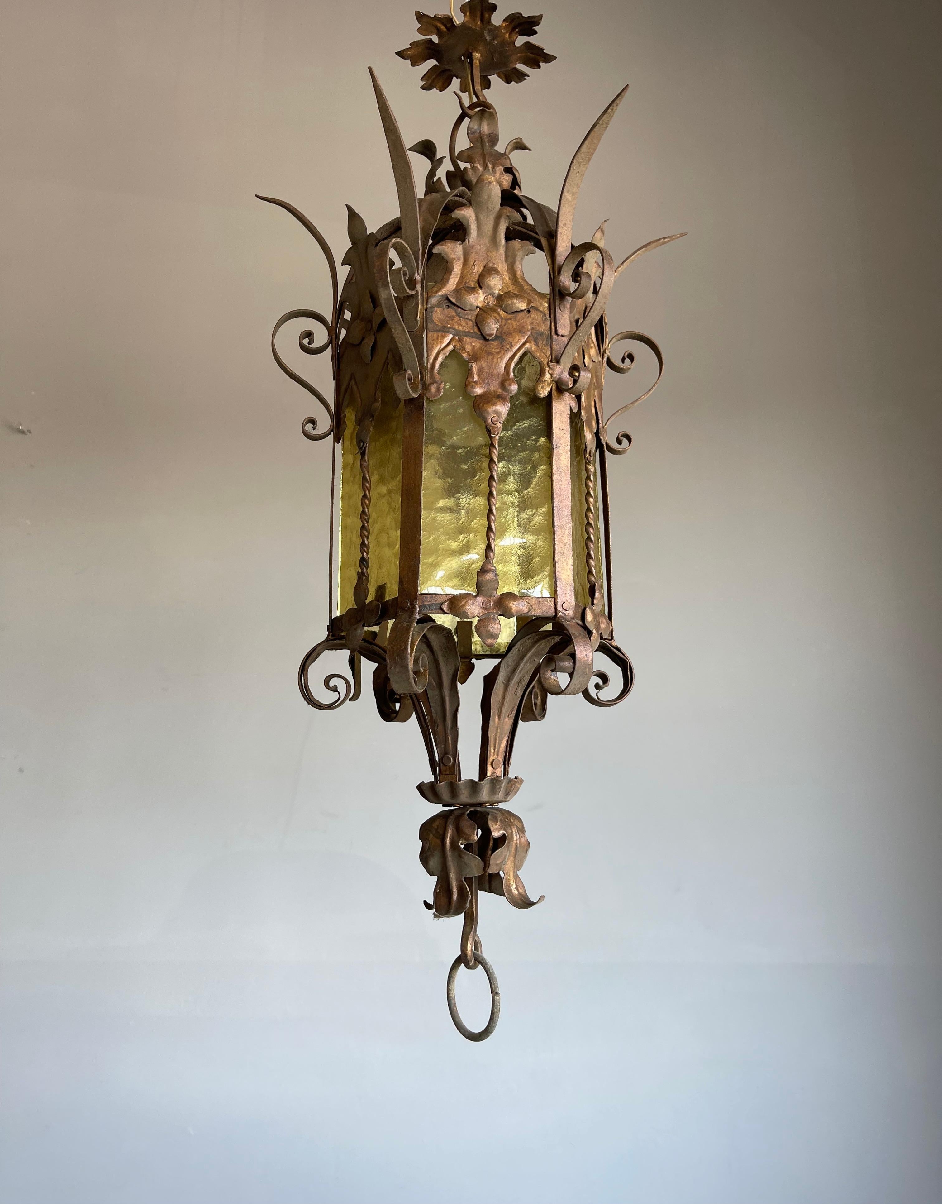 Large Gothic Revival Medieval Wrought Iron & Cathedral Glass Pendant / Lantern For Sale 10
