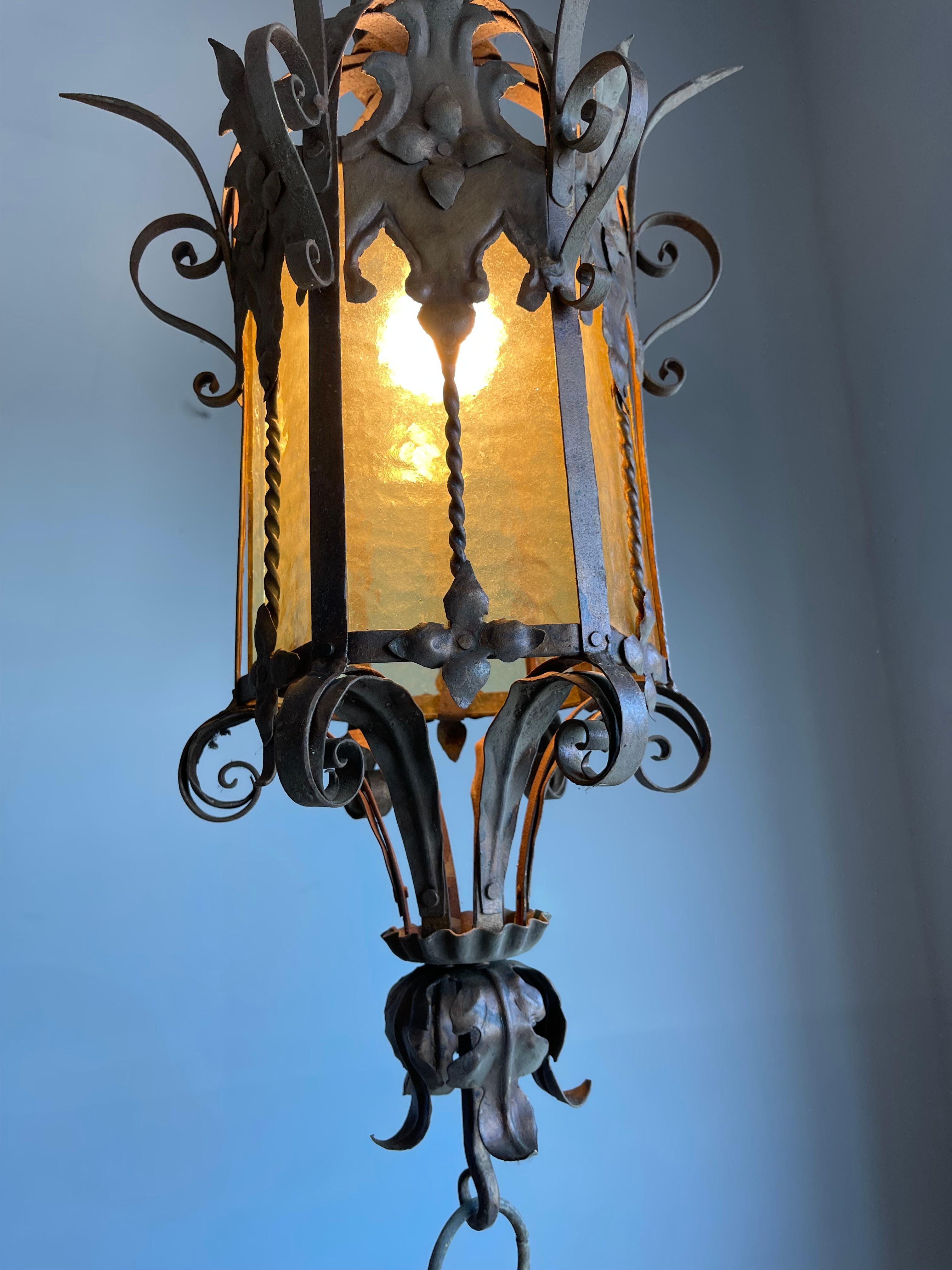 Large Gothic Revival Medieval Wrought Iron & Cathedral Glass Pendant / Lantern For Sale 13
