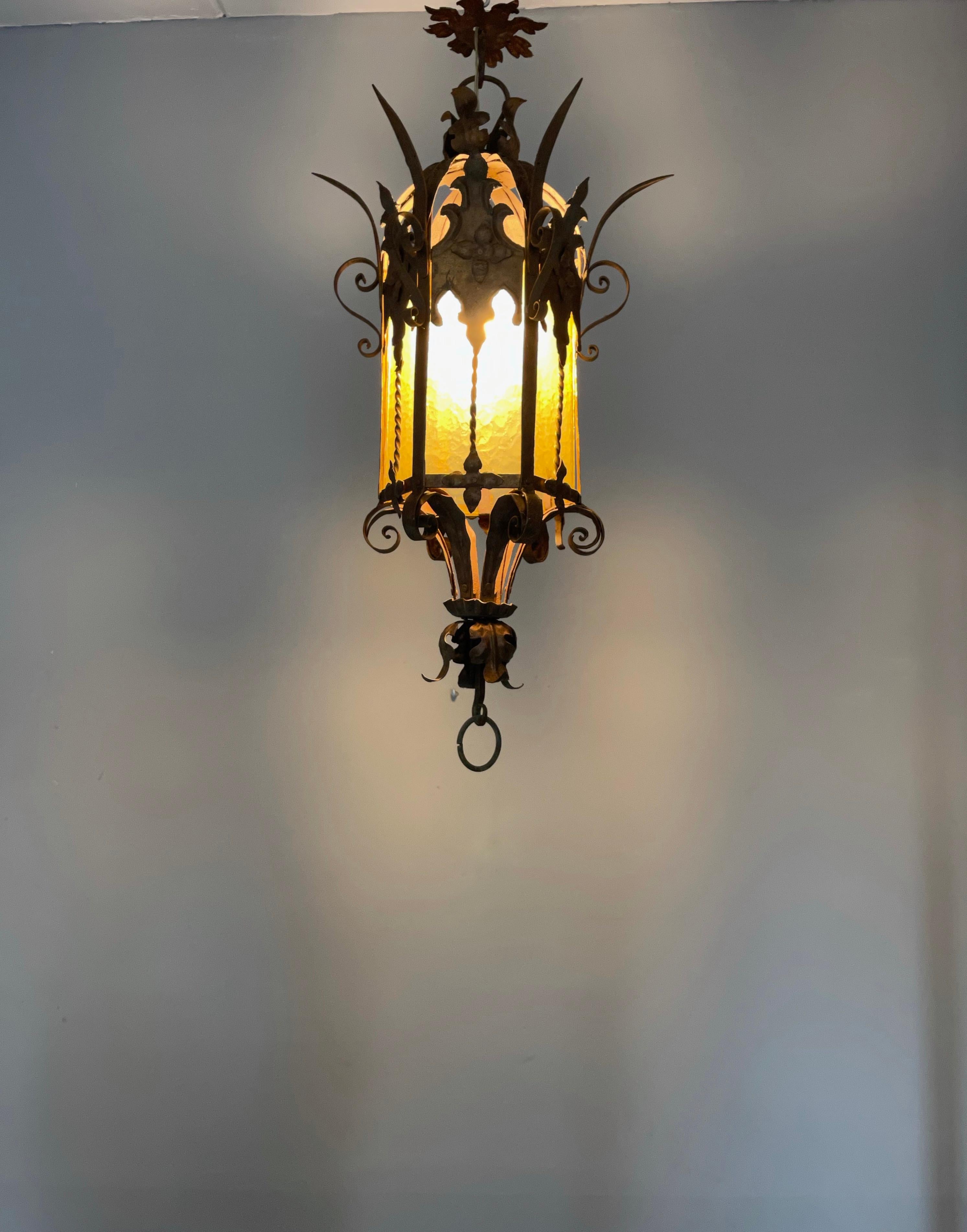 Large Gothic Revival Medieval Wrought Iron & Cathedral Glass Pendant / Lantern For Sale 14
