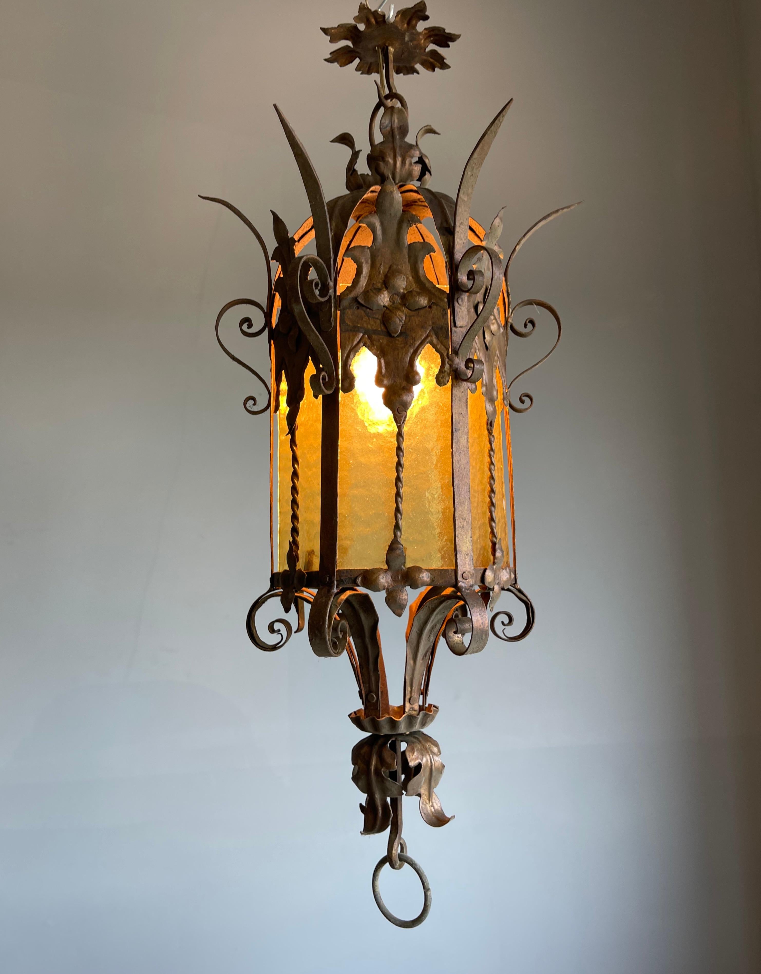 Large Gothic Revival Medieval Wrought Iron & Cathedral Glass Pendant / Lantern In Excellent Condition For Sale In Lisse, NL
