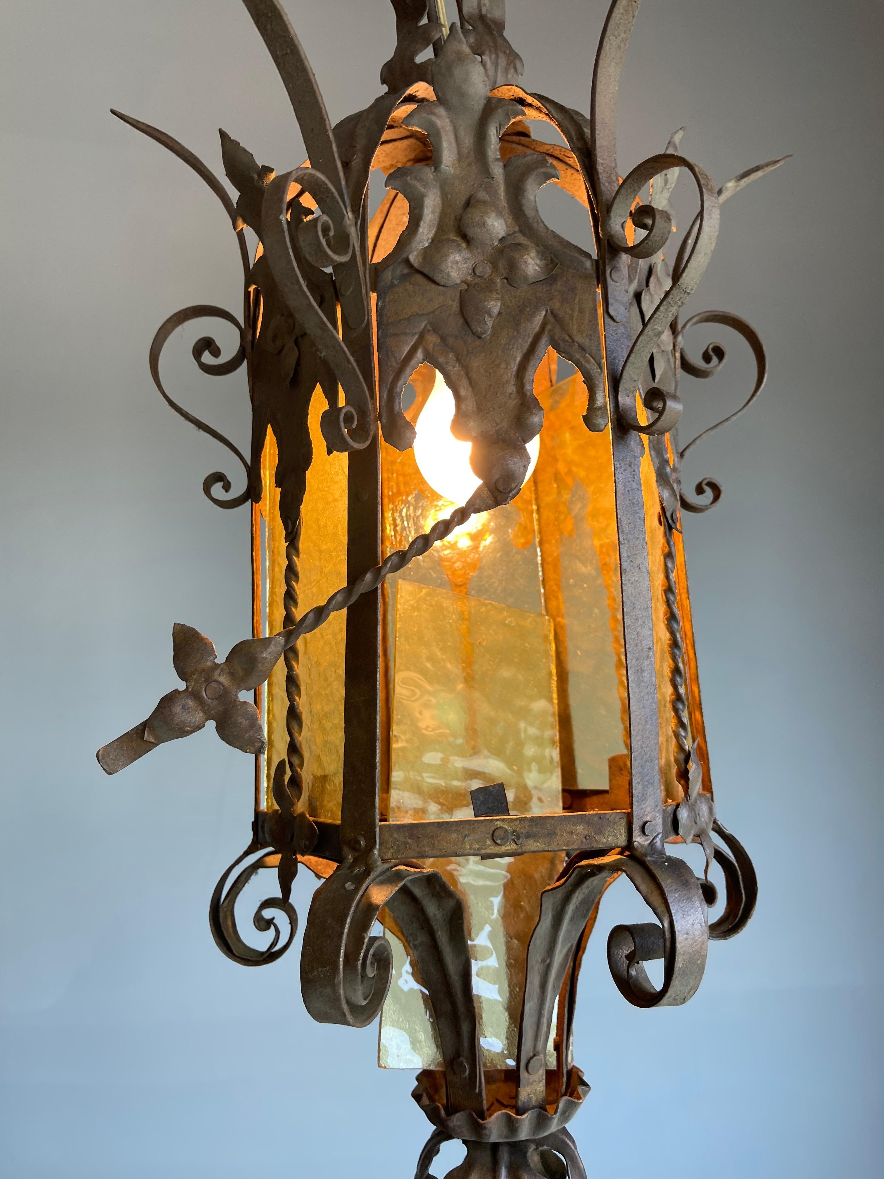 20th Century Large Gothic Revival Medieval Wrought Iron & Cathedral Glass Pendant / Lantern For Sale