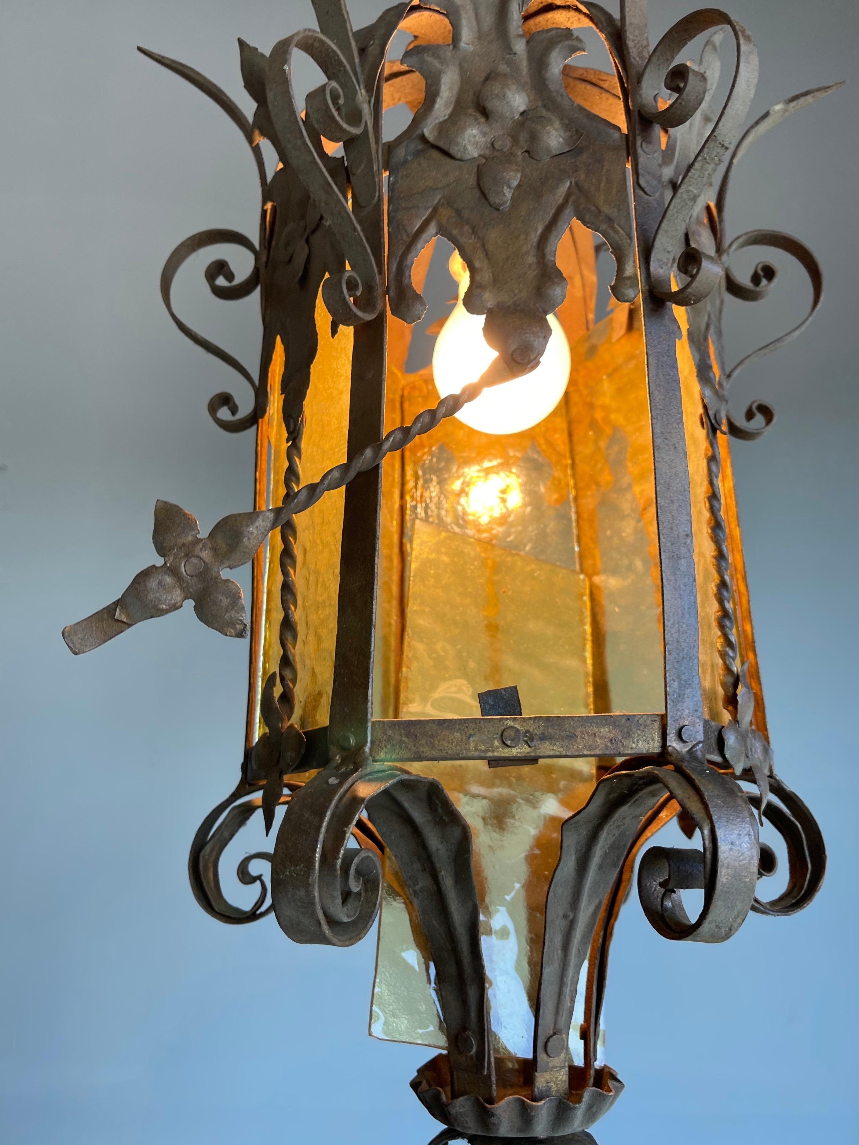 Large Gothic Revival Medieval Wrought Iron & Cathedral Glass Pendant / Lantern For Sale 1