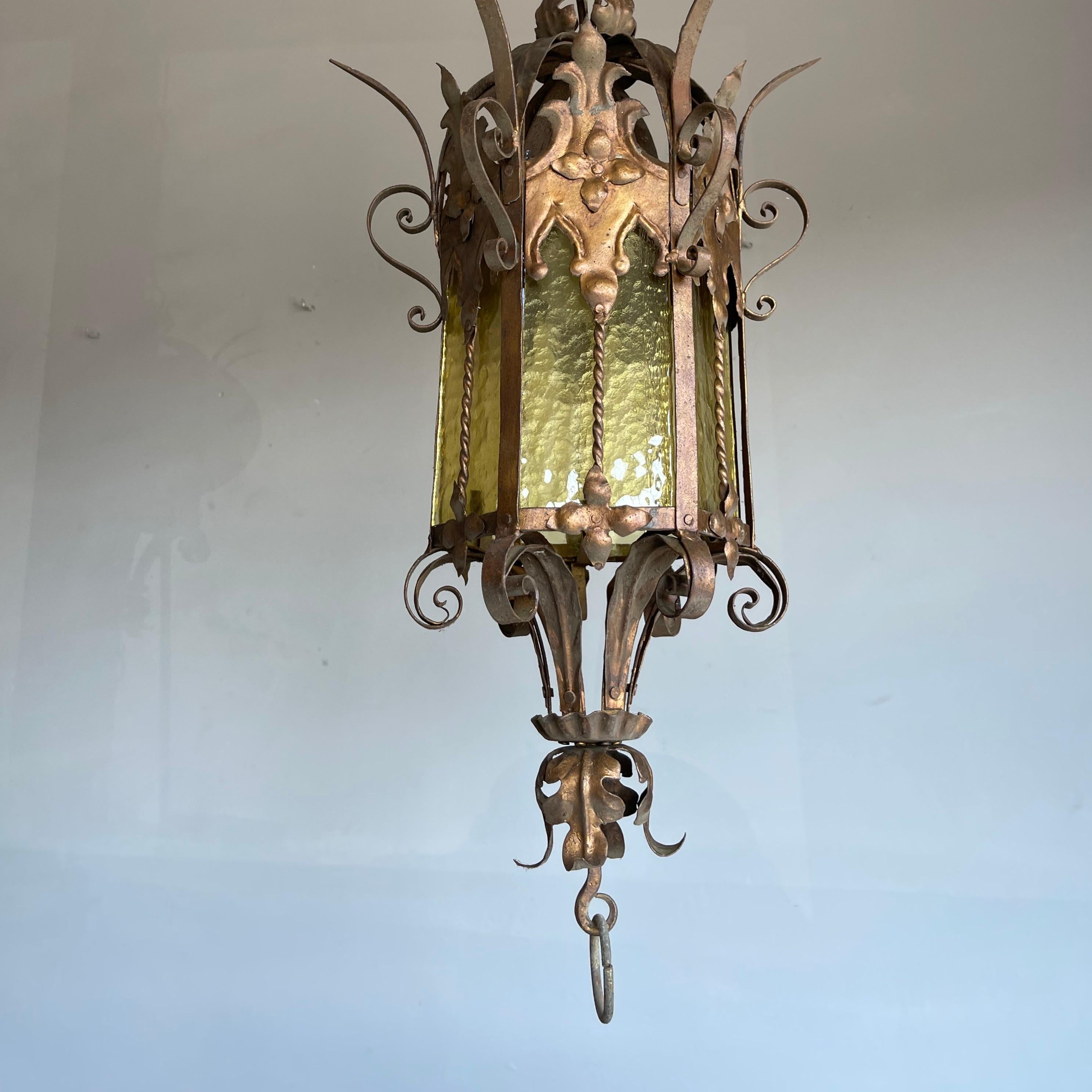 Large Gothic Revival Medieval Wrought Iron & Cathedral Glass Pendant / Lantern For Sale 2