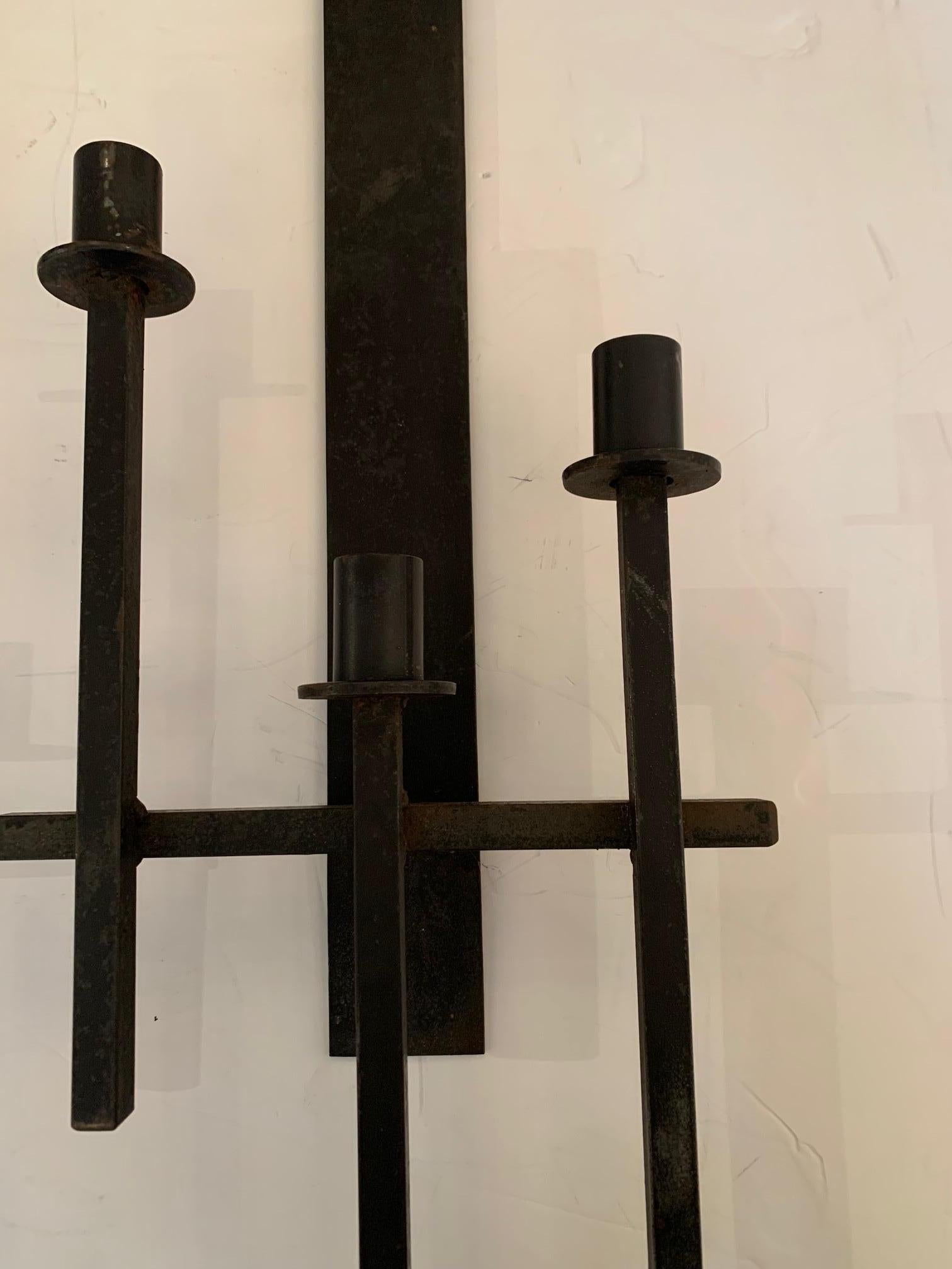 Mid-20th Century Great Looking Pair of Mid-Century Modern Black Iron Architectural Candle Sconces