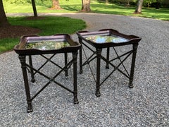 Great Looking Pair of Regency Style Leather Glass & Iron End Tables