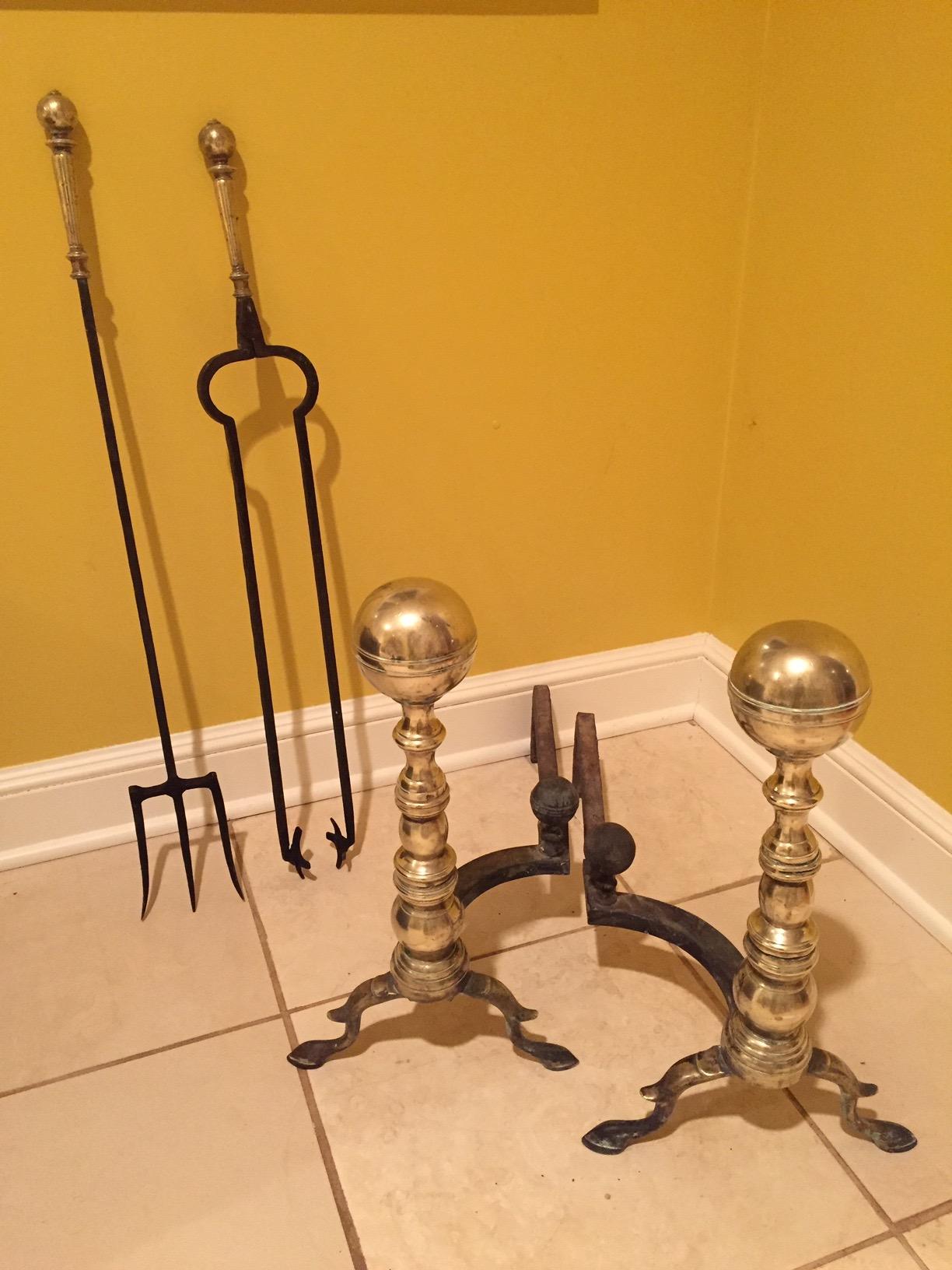 Great Looking Polished Brass Andirons and Tool Set 10