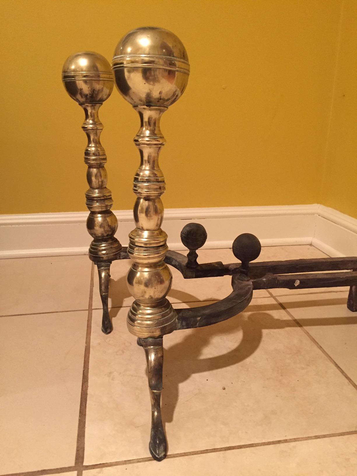 Great Looking Polished Brass Andirons and Tool Set In Excellent Condition In Hopewell, NJ