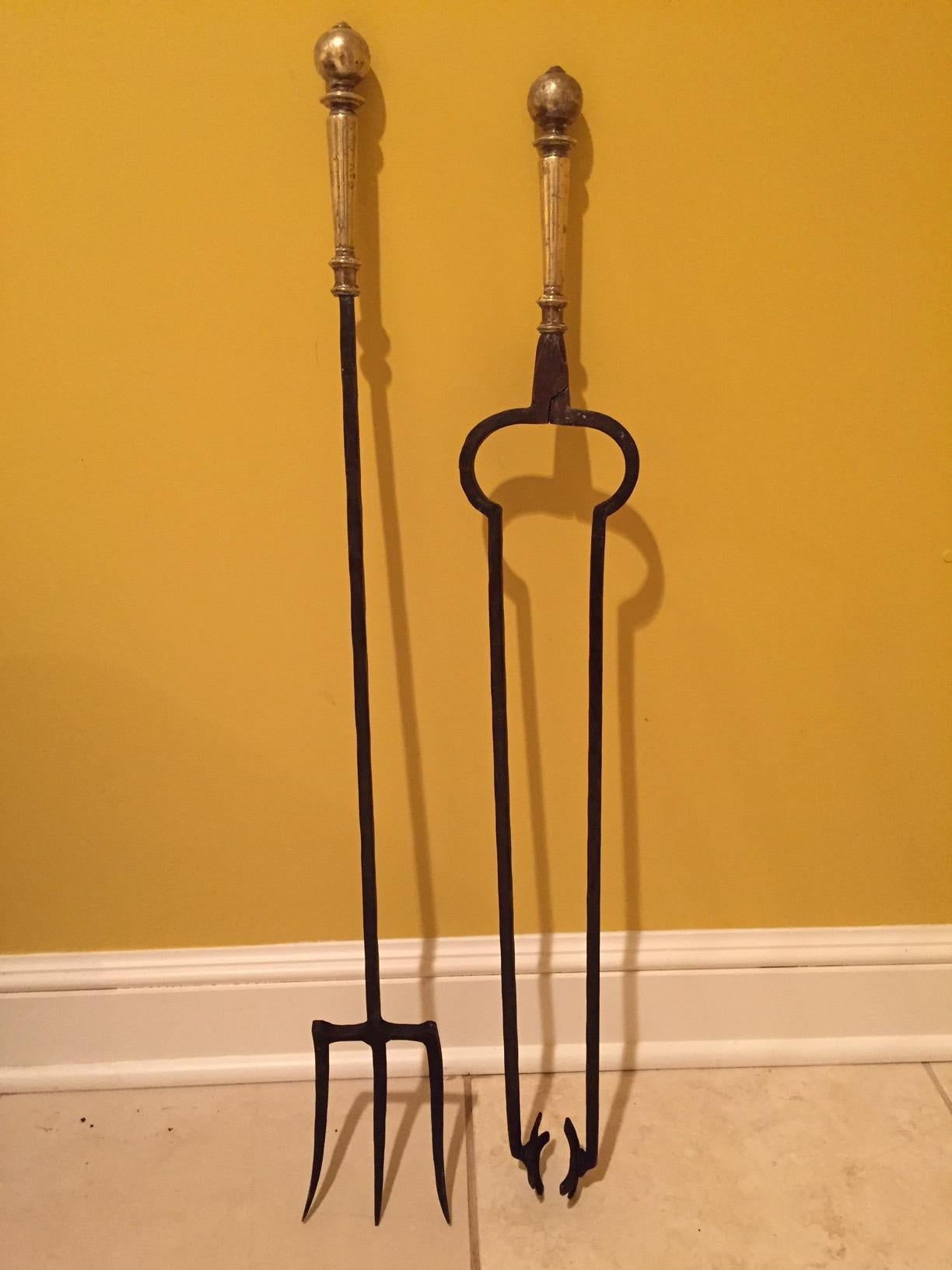 Great Looking Polished Brass Andirons and Tool Set 2