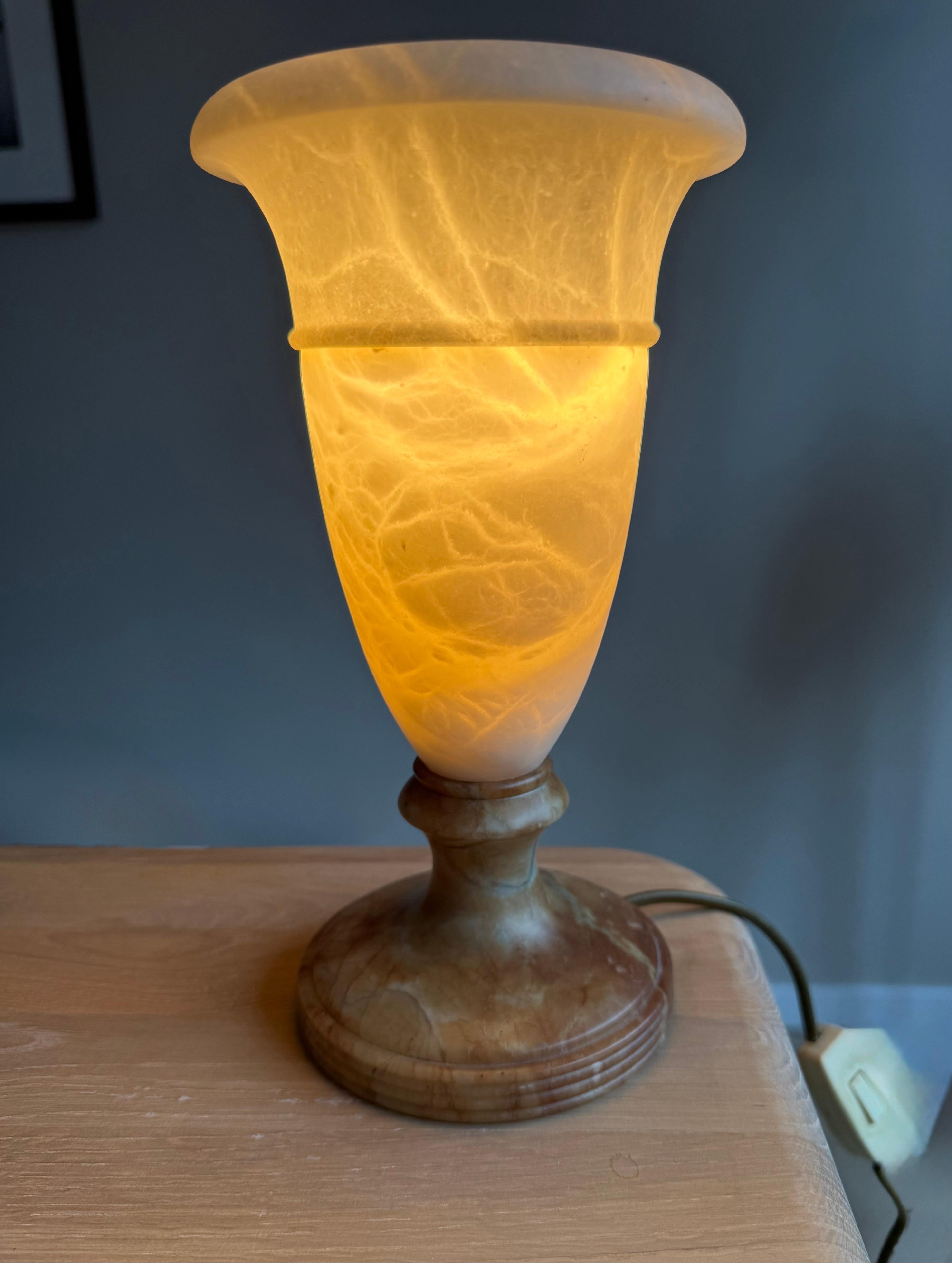 European Great Looking & Rare Design Pair of Timeless Alabaster Round Table Lamps, 1970s For Sale