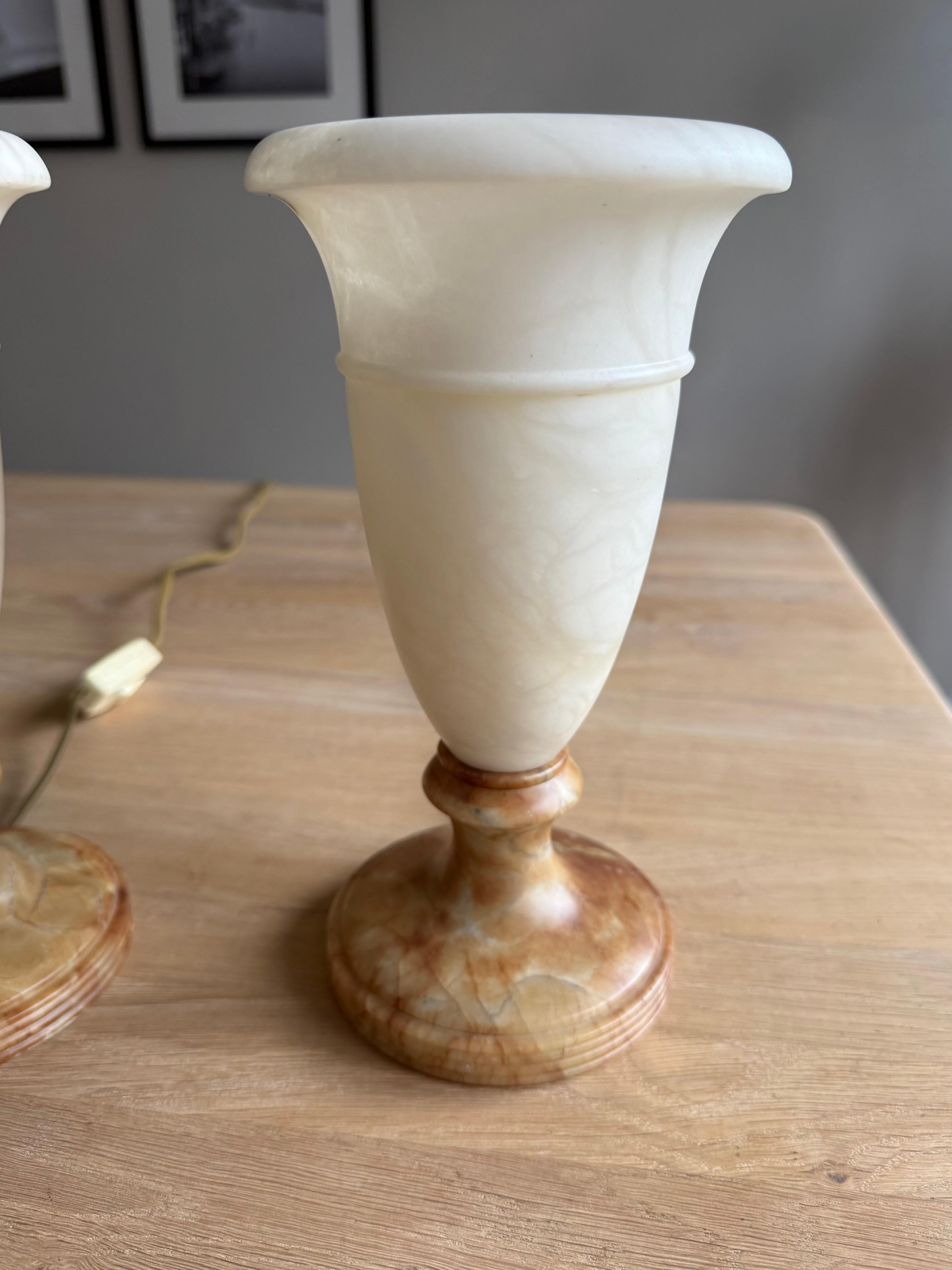 Hand-Crafted Great Looking & Rare Design Pair of Timeless Alabaster Round Table Lamps, 1970s For Sale