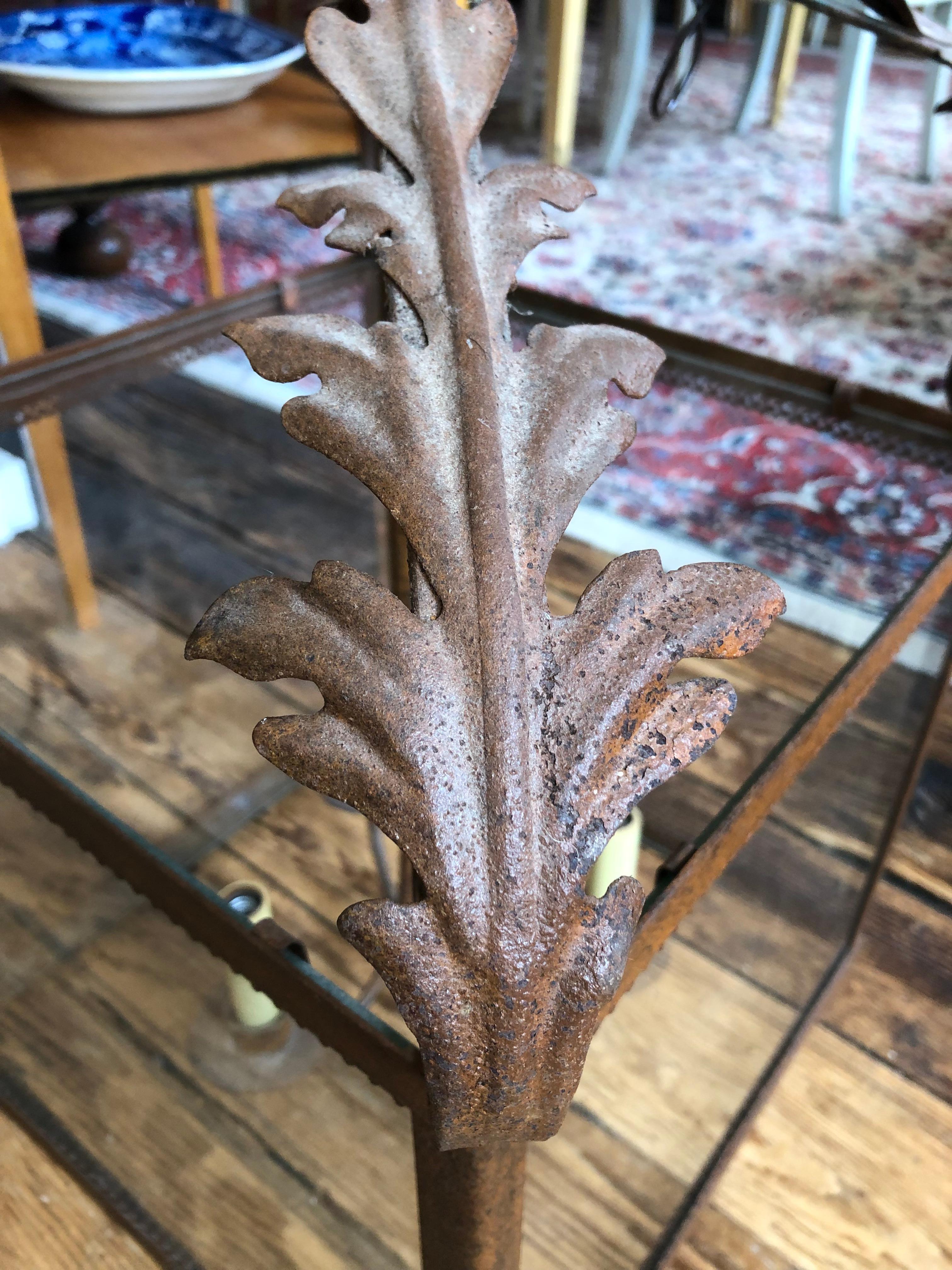 Great Looking Rust Colored Iron & Glass Square Lantern with Acanthus Leaves In Good Condition For Sale In Hopewell, NJ