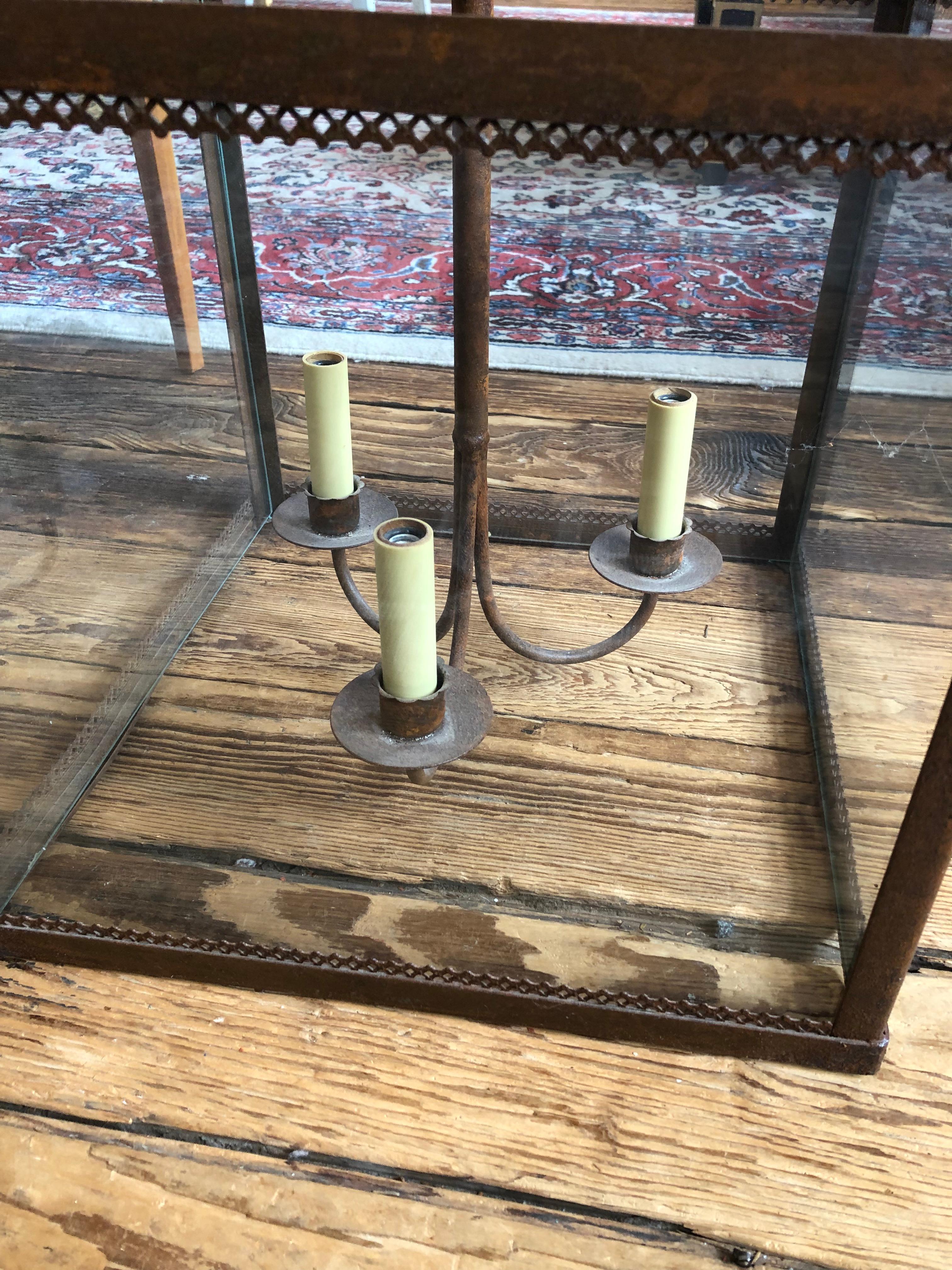 Great Looking Rust Colored Iron & Glass Square Lantern with Acanthus Leaves For Sale 2