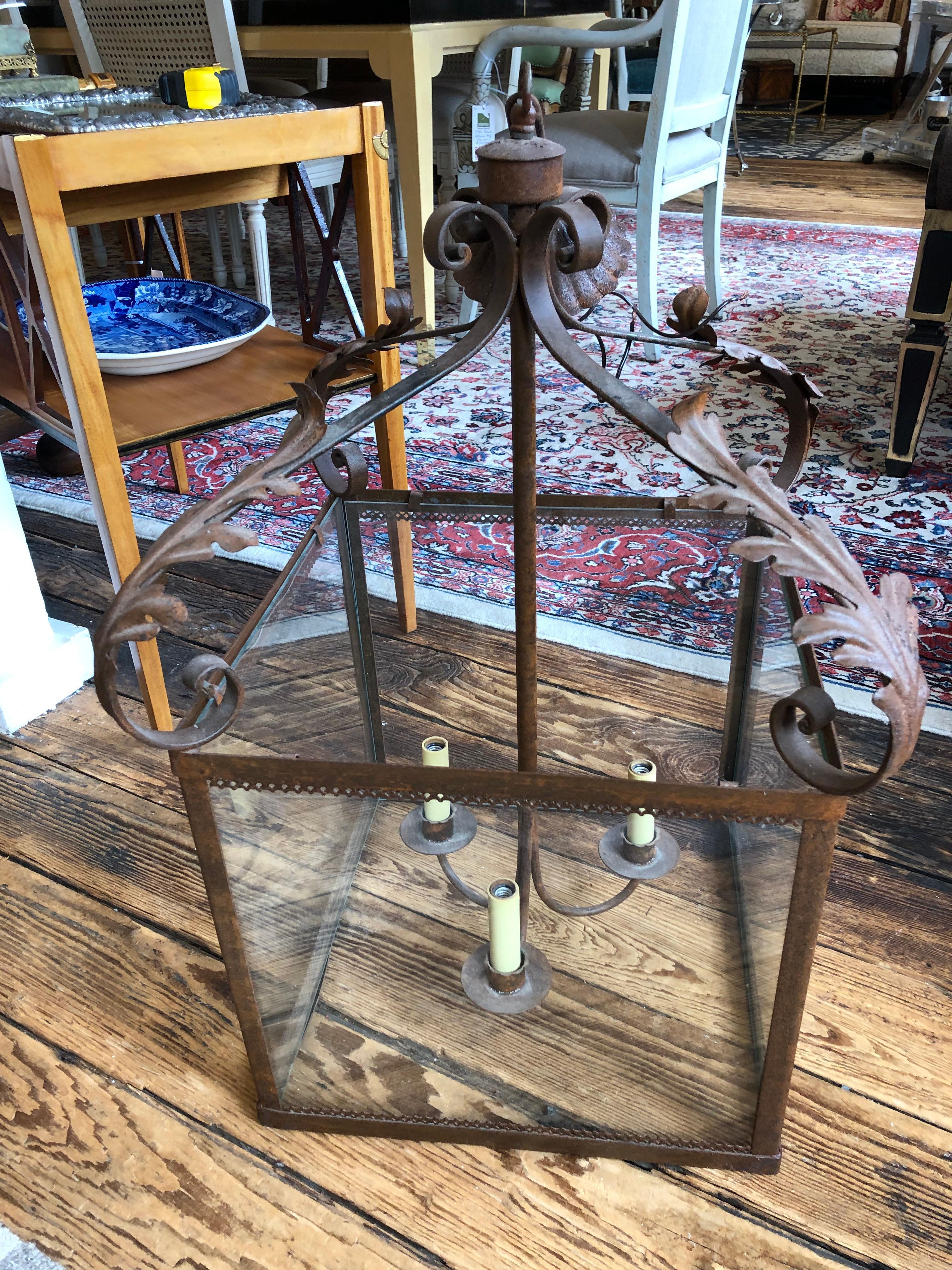 Great Looking Rust Colored Iron & Glass Square Lantern with Acanthus Leaves For Sale 3