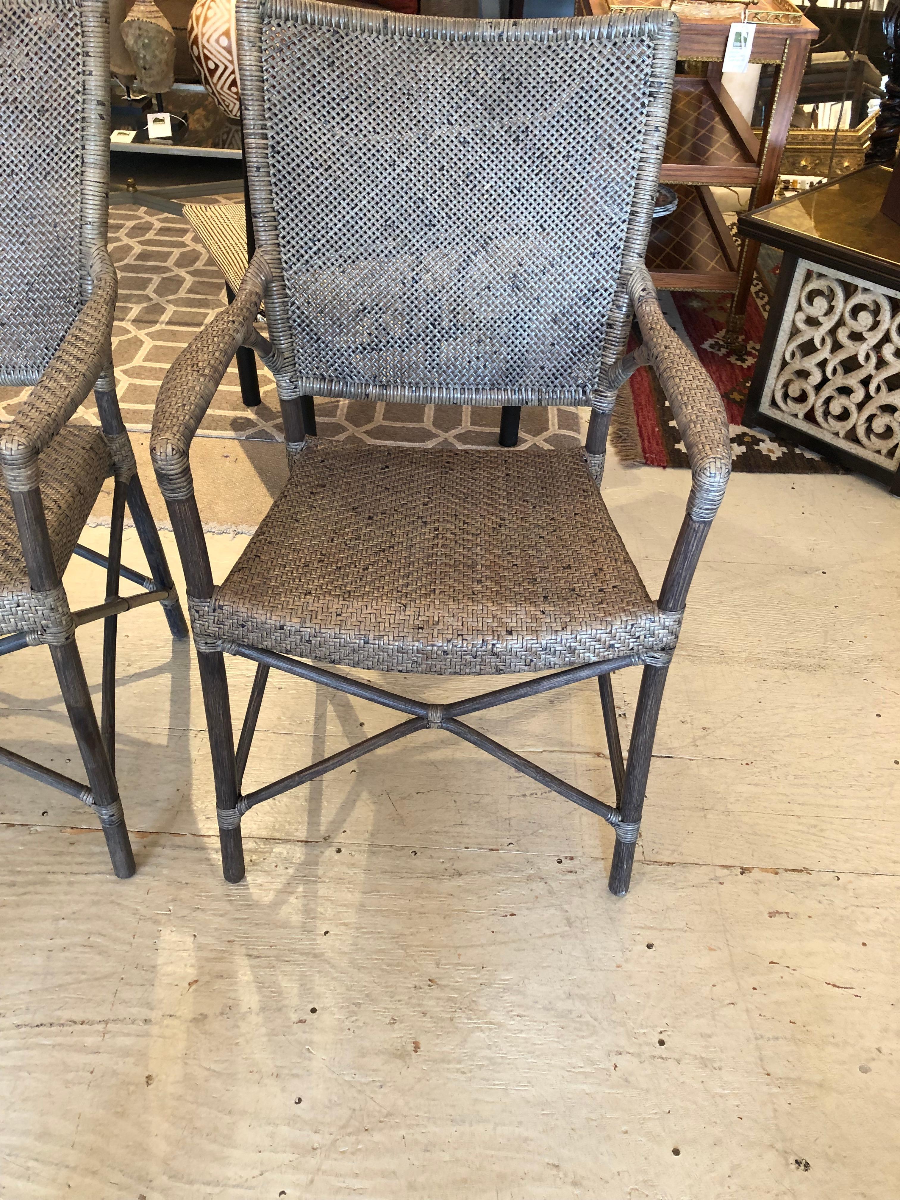 Great Looking Taupe Rattan Woven Armchairs by Janus Et Cie For Sale 4