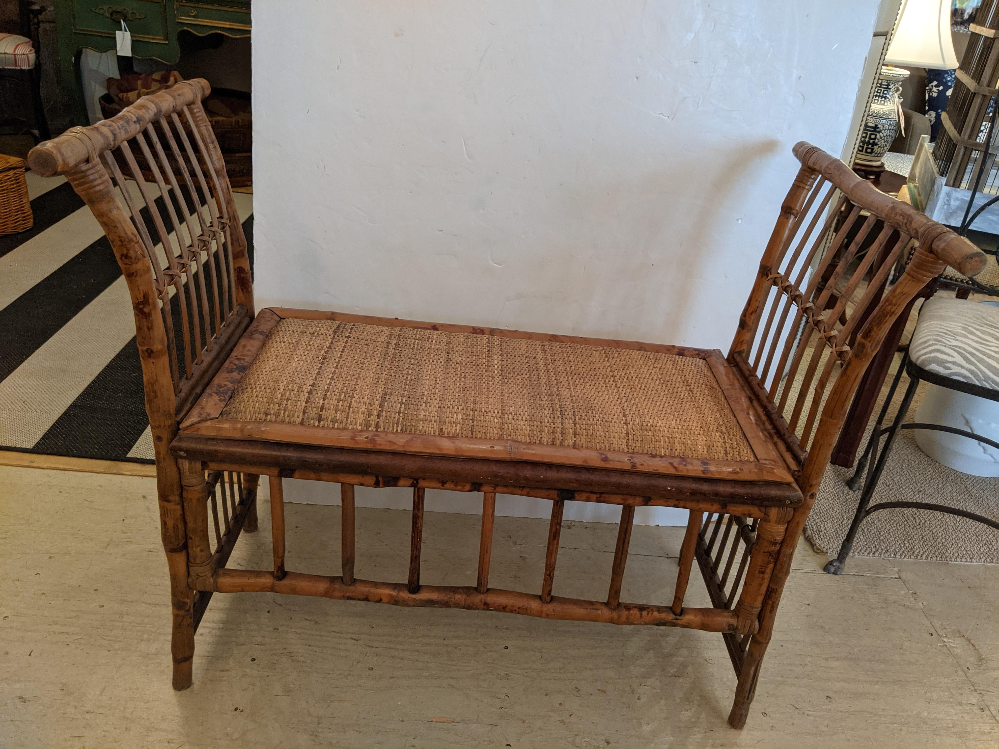 Great Looking Vintage Faux Bamboo Rattan Bench 7