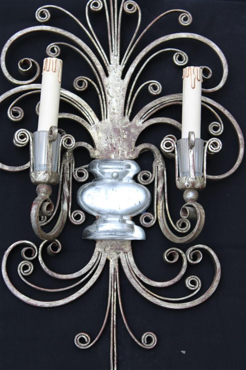 Great Maison Jansen French 1950s pair sconces metal silver metal and crystal.
