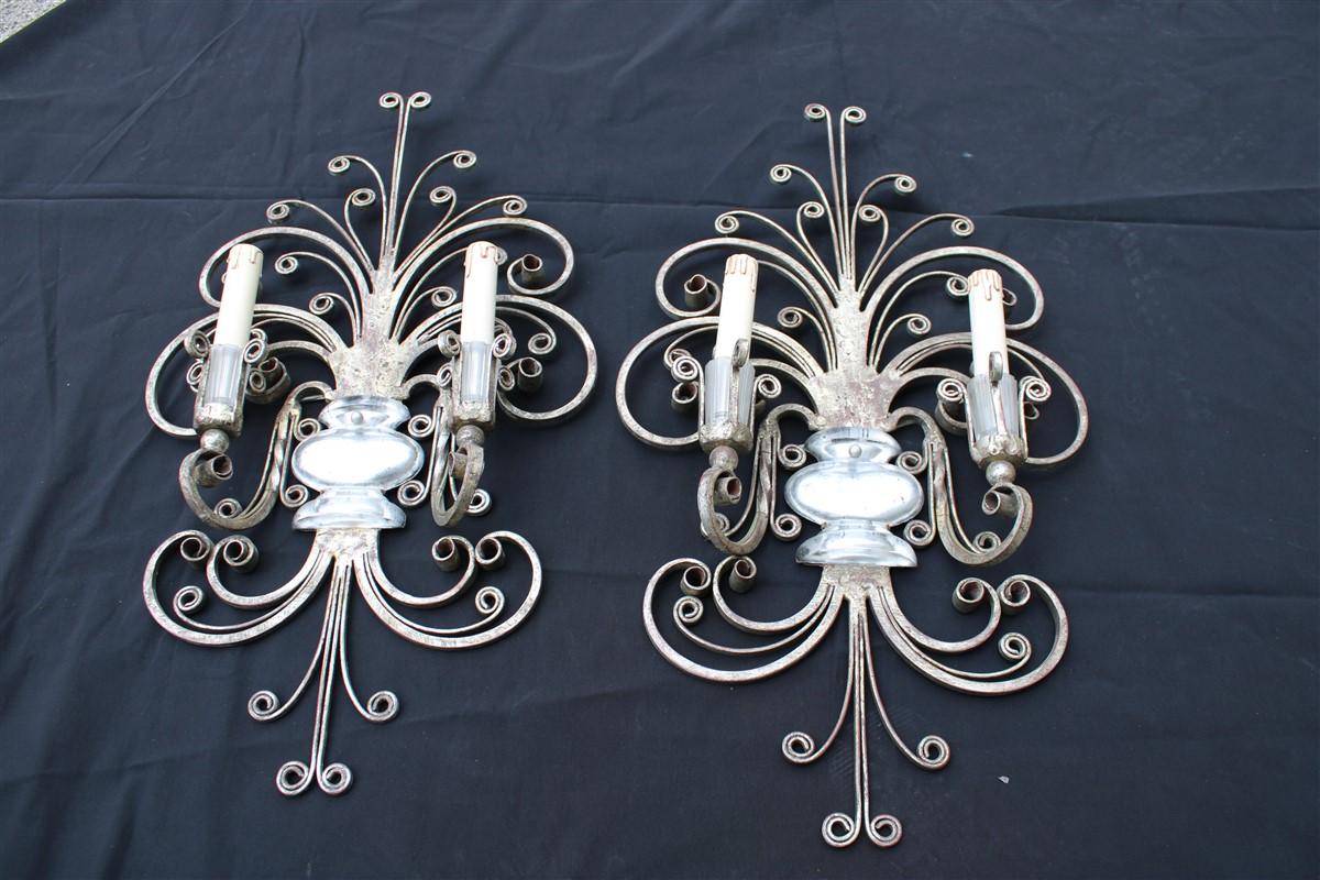 Great Maison Jansen French 1950s Pair Sconces Metal Silver Metal and Crystal 3