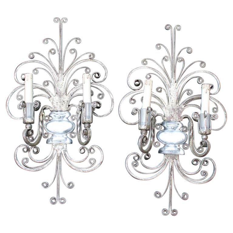 Great Maison Jansen French 1950s Pair Sconces Metal Silver Metal and Crystal