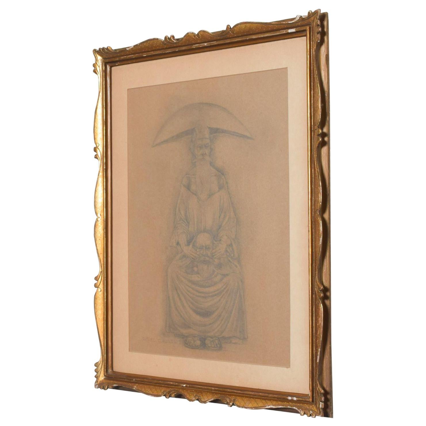 1980s Rafael Coronel Drawing Pencil Great Masters Expressionism signed For Sale