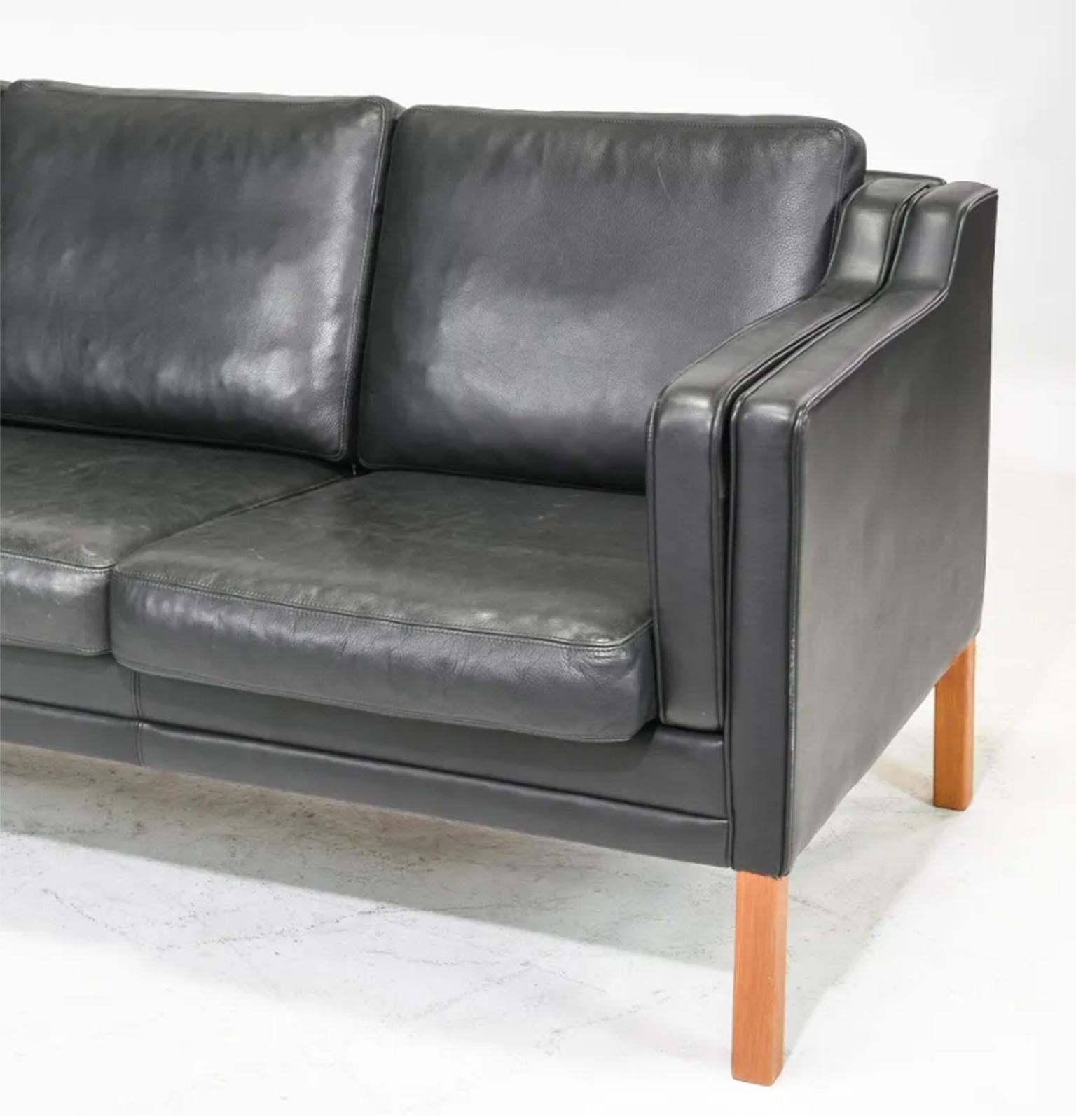 Woodwork Great Midcentury Danish Modern Beautiful Black Leather 3 Seat Sofa Wood Legs For Sale
